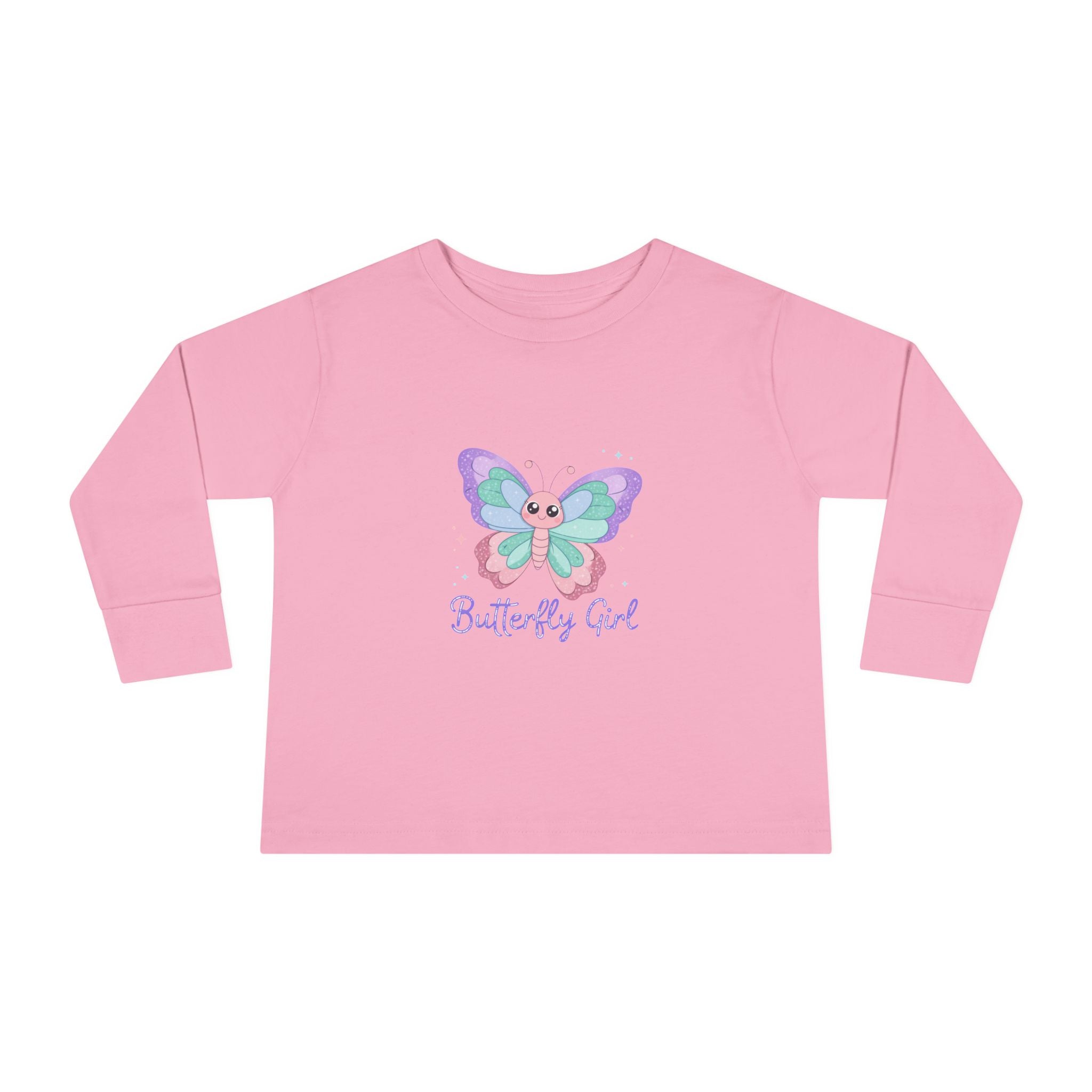 Butterfly Girl Toddler Long Sleeve Tee – Pastel Butterfly Graphic for Little Girls