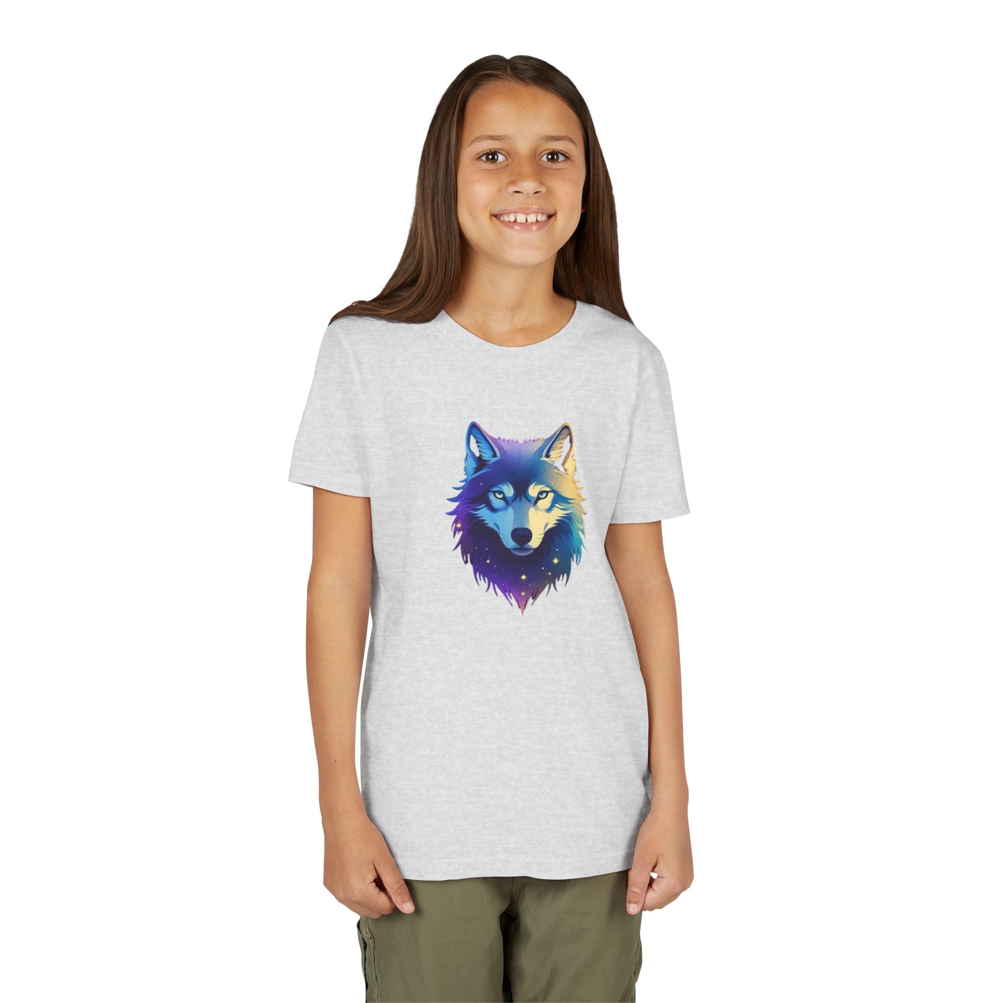 Youth Wolf Graphic Tee — Colorful Cosmic Wolf Head Shirt