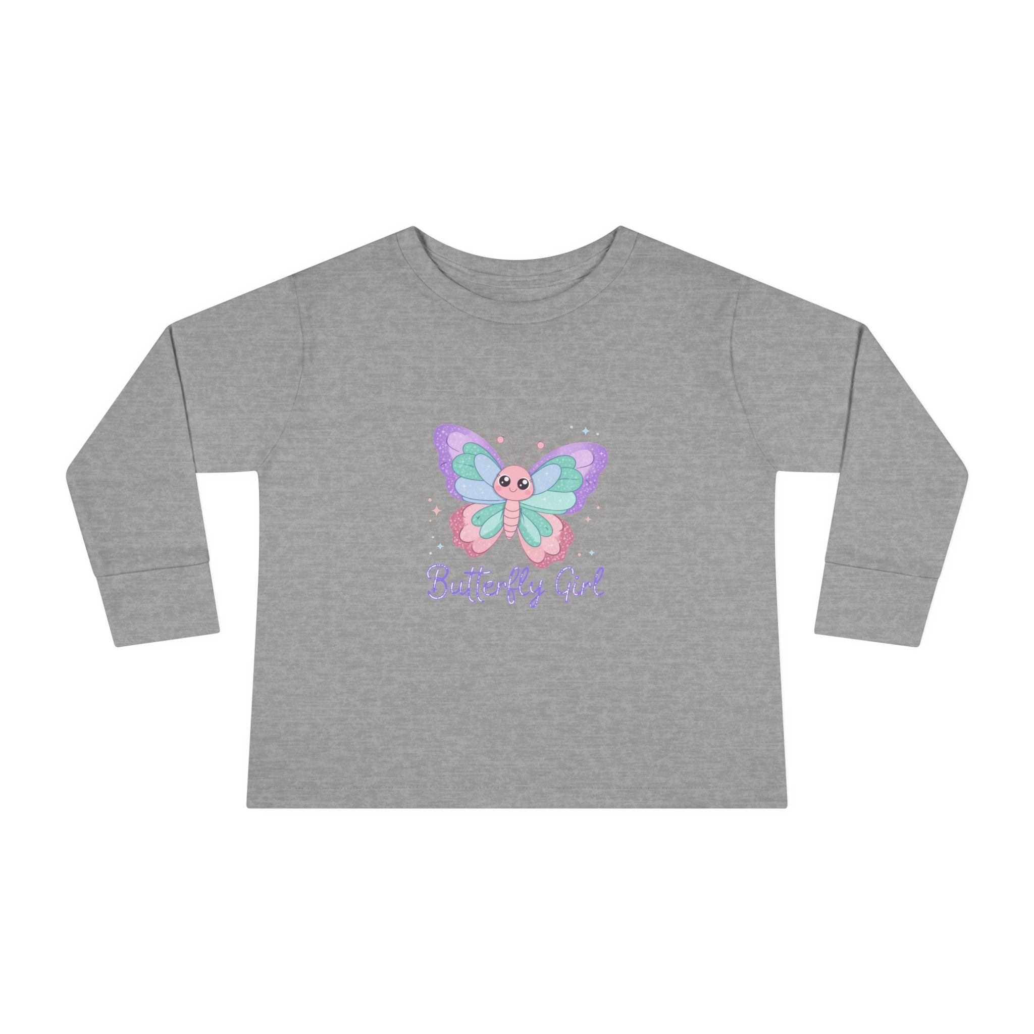 Butterfly Girl Toddler Long Sleeve Tee – Pastel Butterfly Graphic for Little Girls