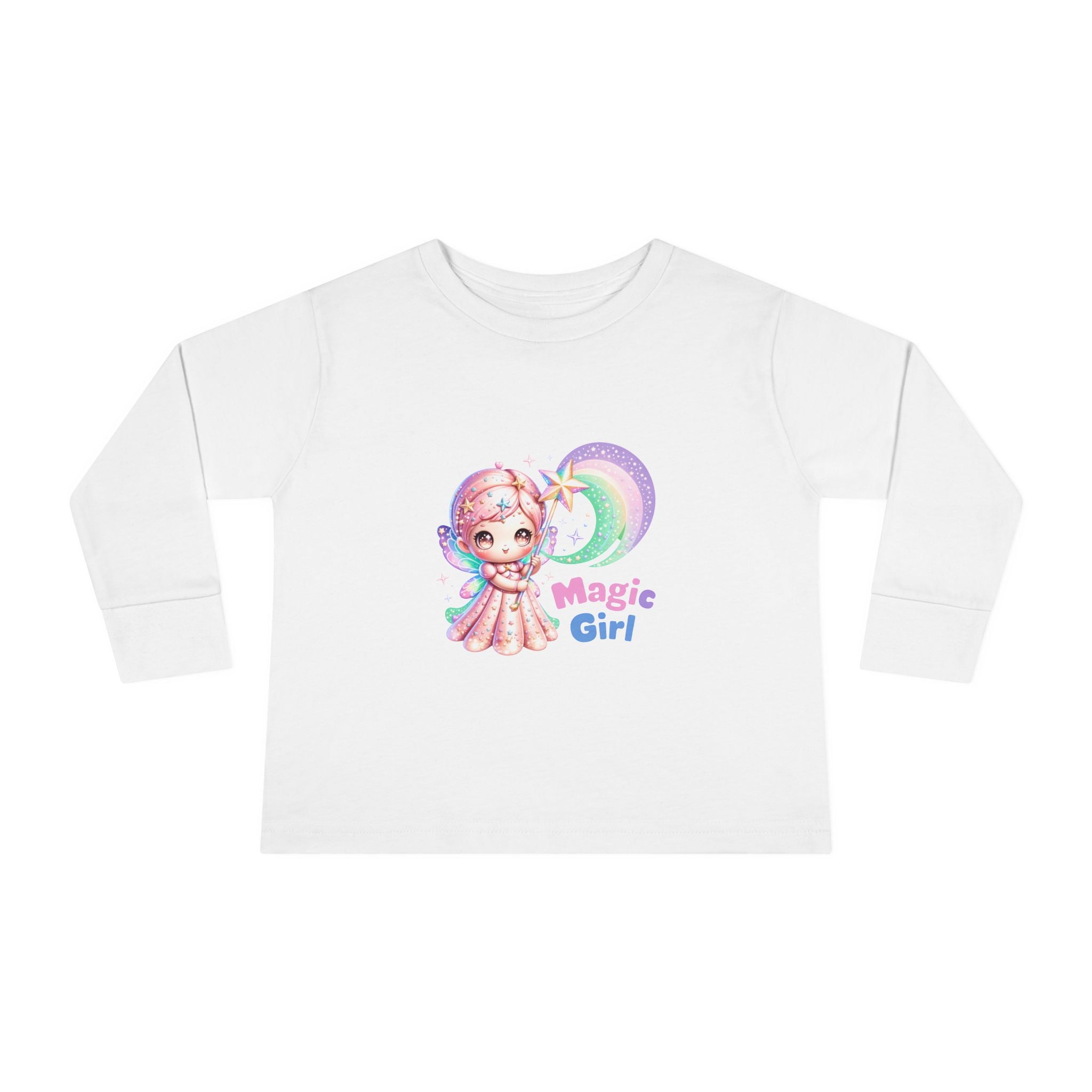 Magic Girl Toddler Long Sleeve Tee — Pastel Rainbow Unicorn Wand Design