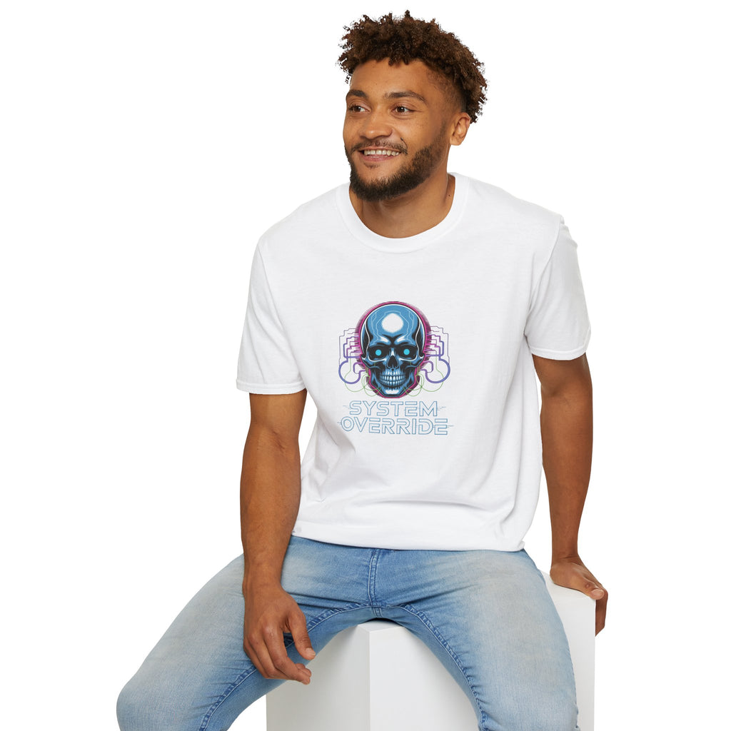 System Override Skull T-Shirt — Cyberpunk Neon Skull Graphic Tee