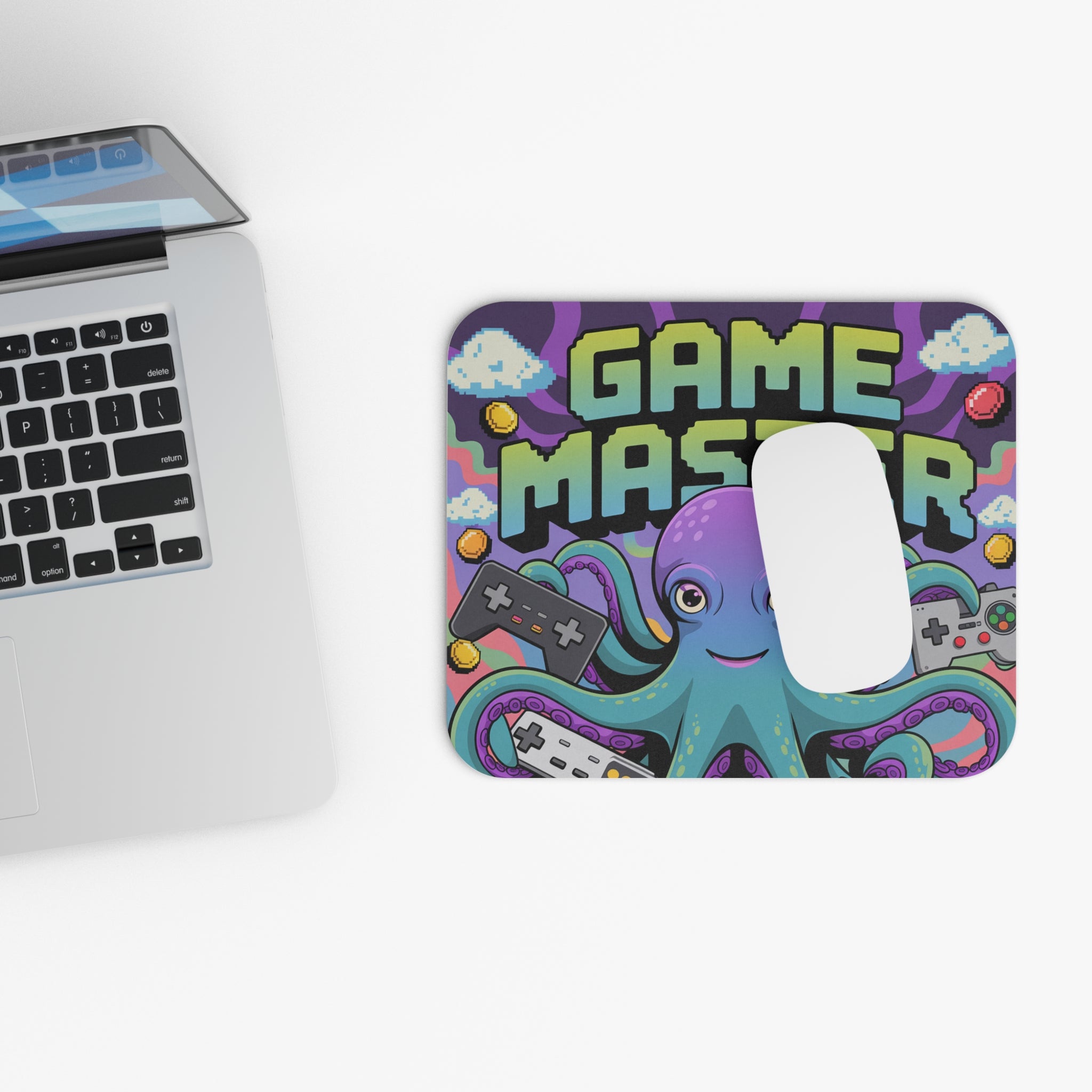 Game Master Octopus Mouse Pad — Retro Gaming Desk Mat with Controllers & Pixel Art