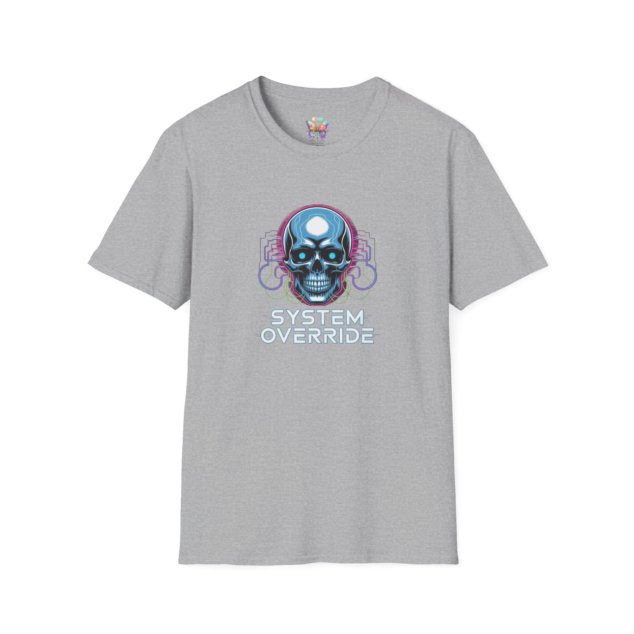System Override Skull T-Shirt — Cyberpunk Neon Skull Graphic Tee