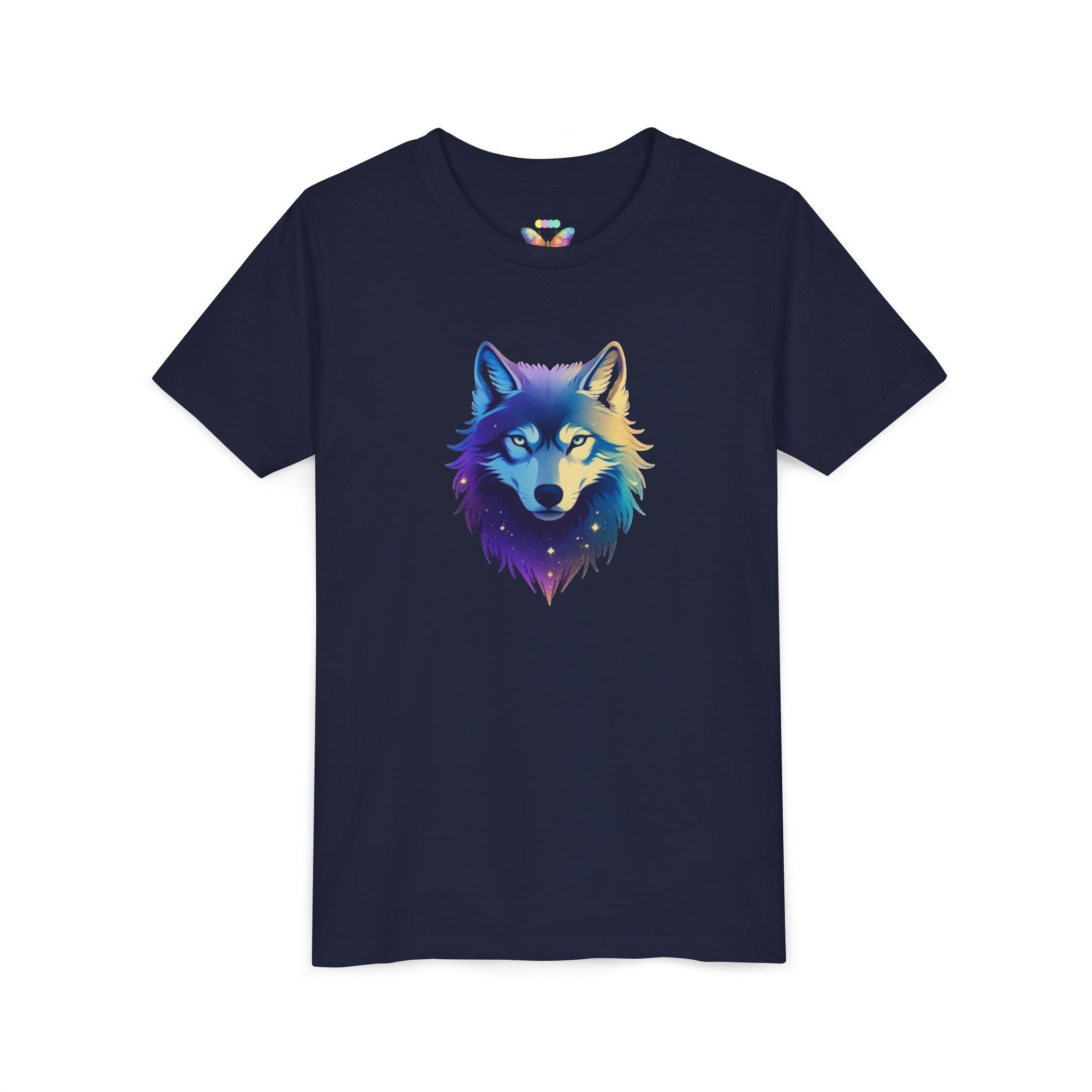 Youth Wolf Graphic Tee — Colorful Cosmic Wolf Head Shirt