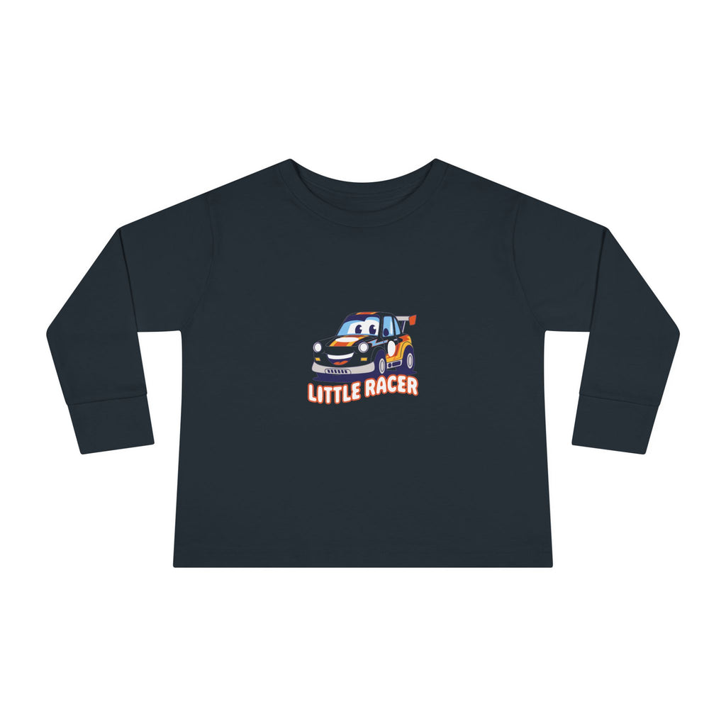 Toddler Long Sleeve Tee - Cute Cartoon Race Car “Lil’ Racer” Kids Shirt