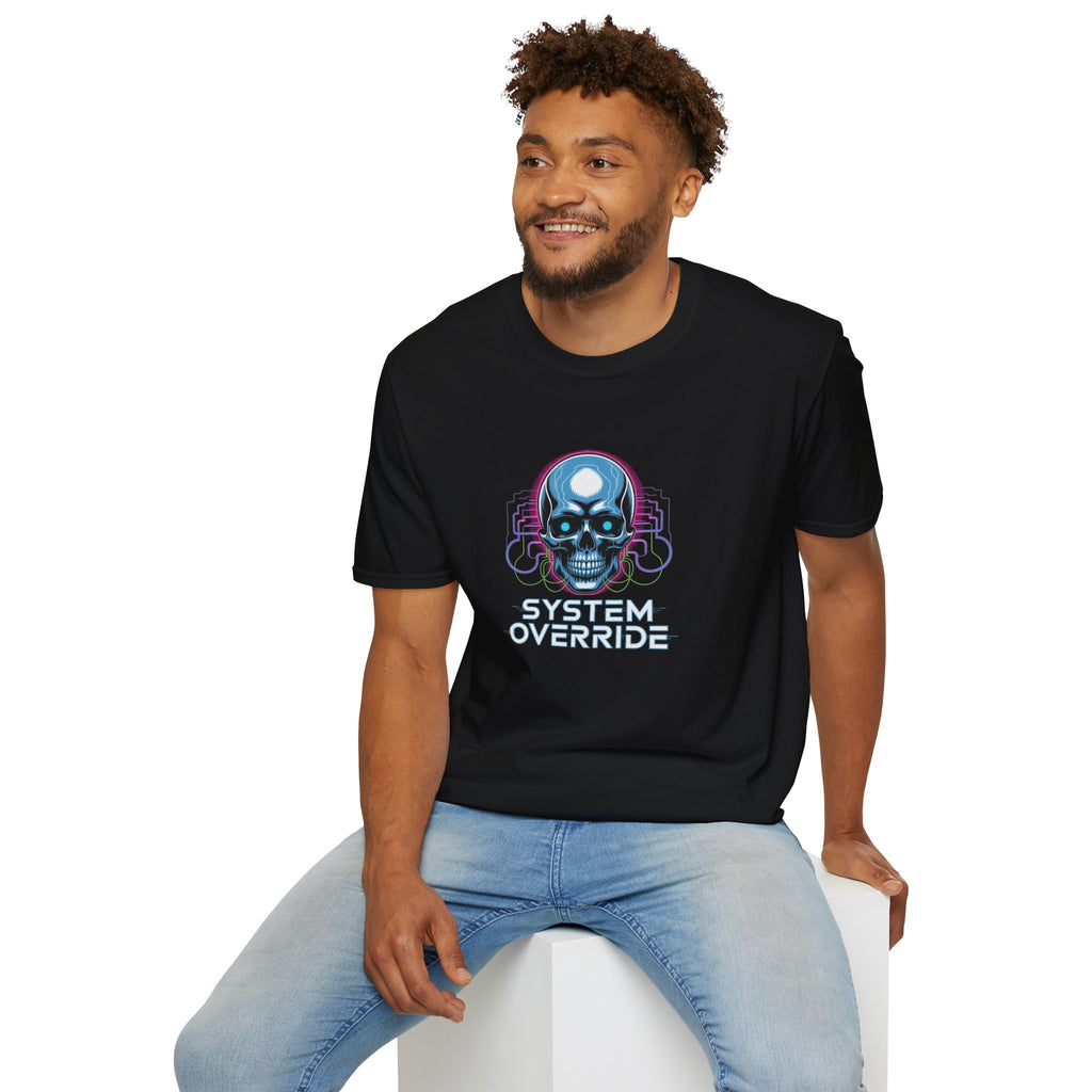 System Override Skull T-Shirt — Cyberpunk Neon Skull Graphic Tee