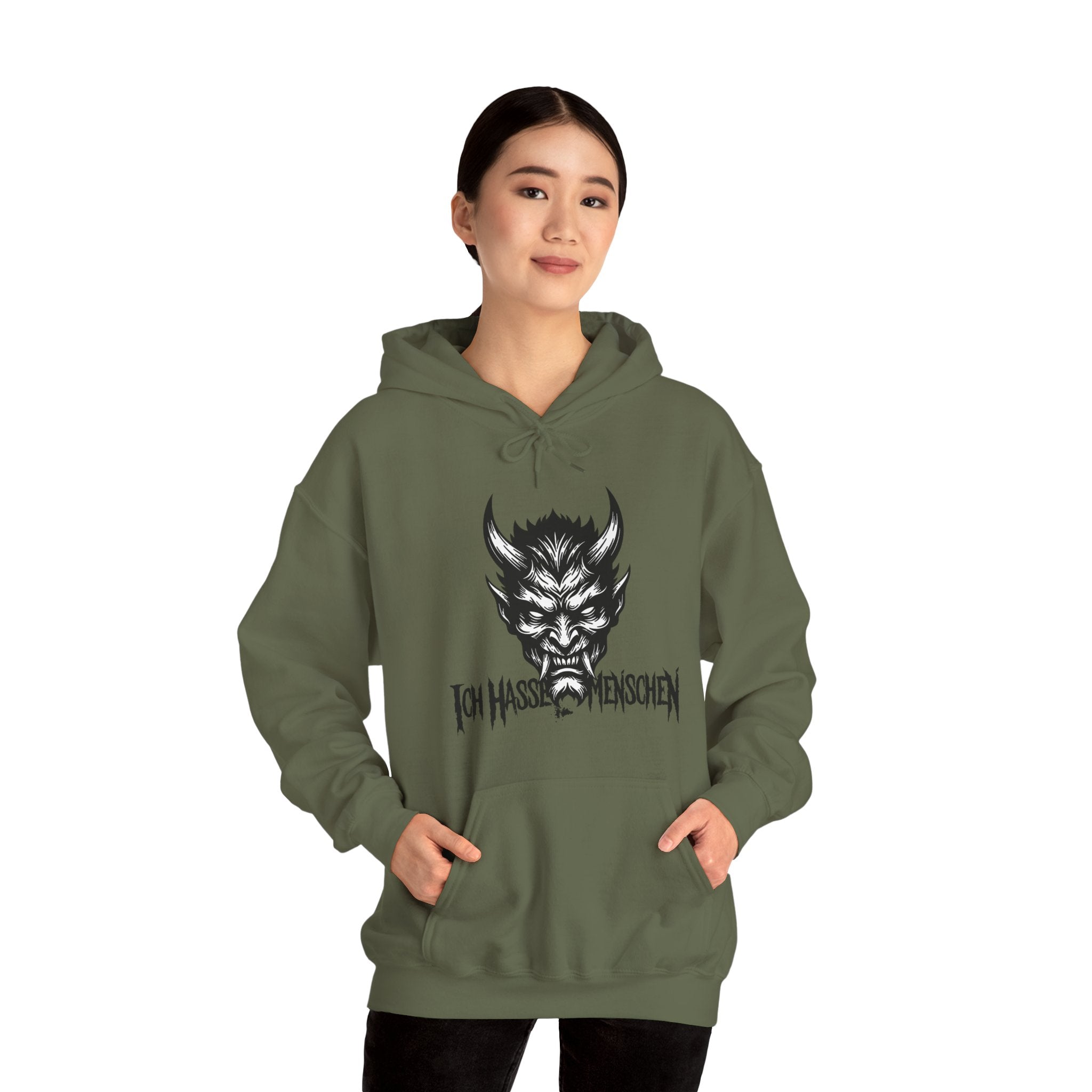 Devil Face Hoodie with 'Ich Hasse Menschen' Gothic Graphic