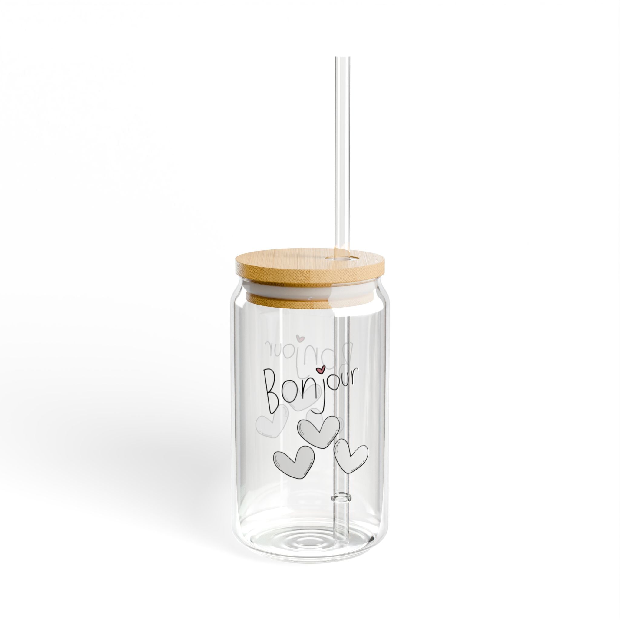 Bonjour Hearts Sipper Glass — 16oz Bamboo Lid Straw Tumbler