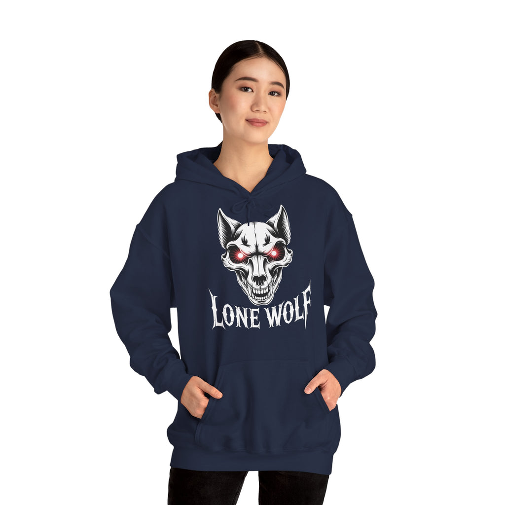 Lone Wolf Hooded Sweatshirt - Gothic Wolf Skull Hoodie with Red Eyes