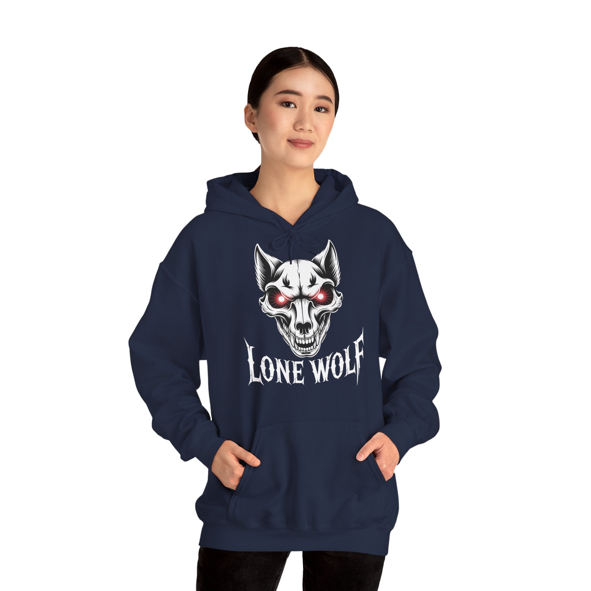 Lone Wolf Hooded Sweatshirt - Gothic Wolf Skull Hoodie with Red Eyes