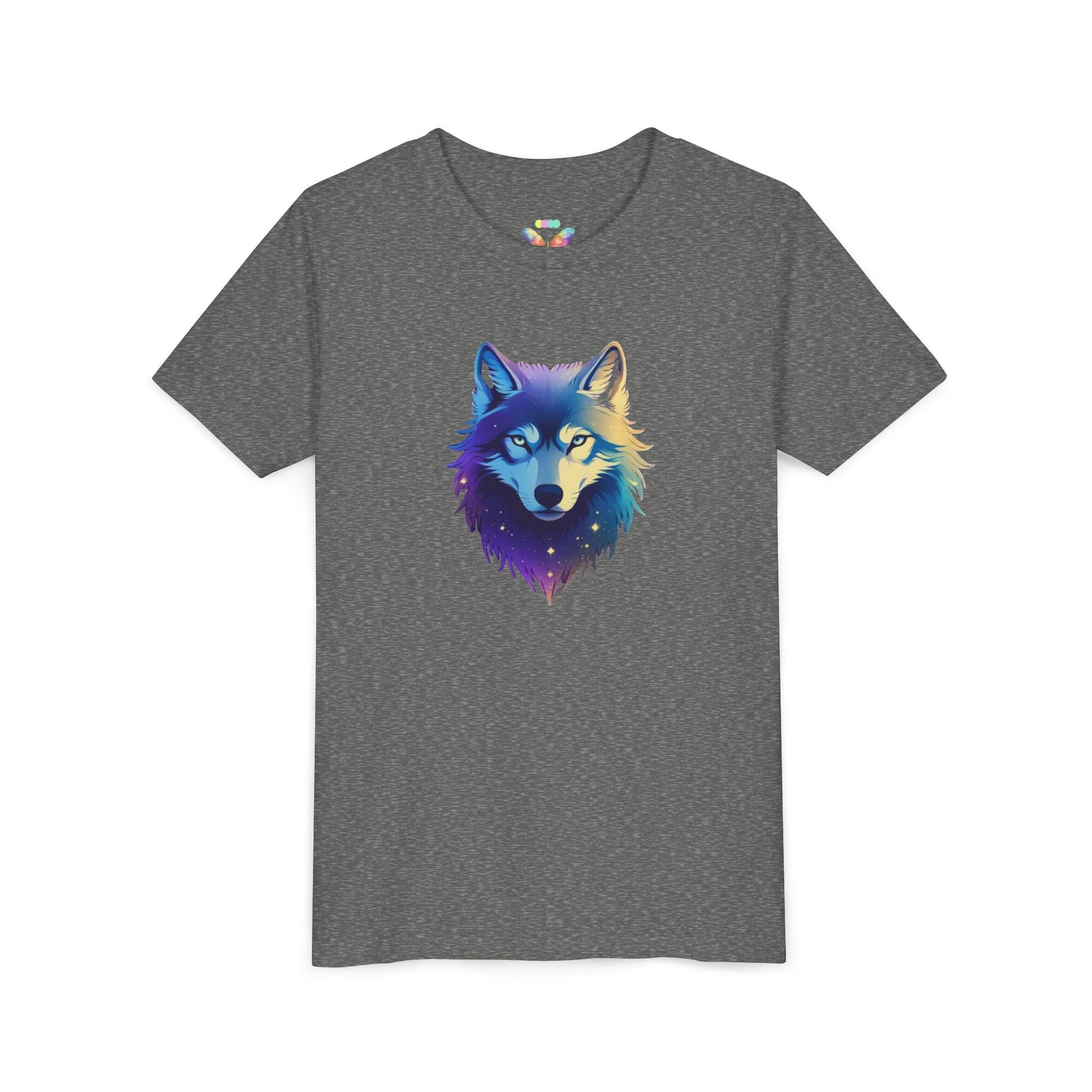 Youth Wolf Graphic Tee — Colorful Cosmic Wolf Head Shirt