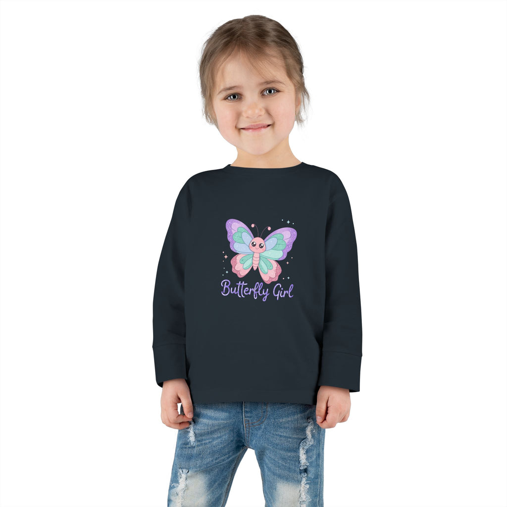 Butterfly Girl Toddler Long Sleeve Tee – Pastel Butterfly Graphic for Little Girls