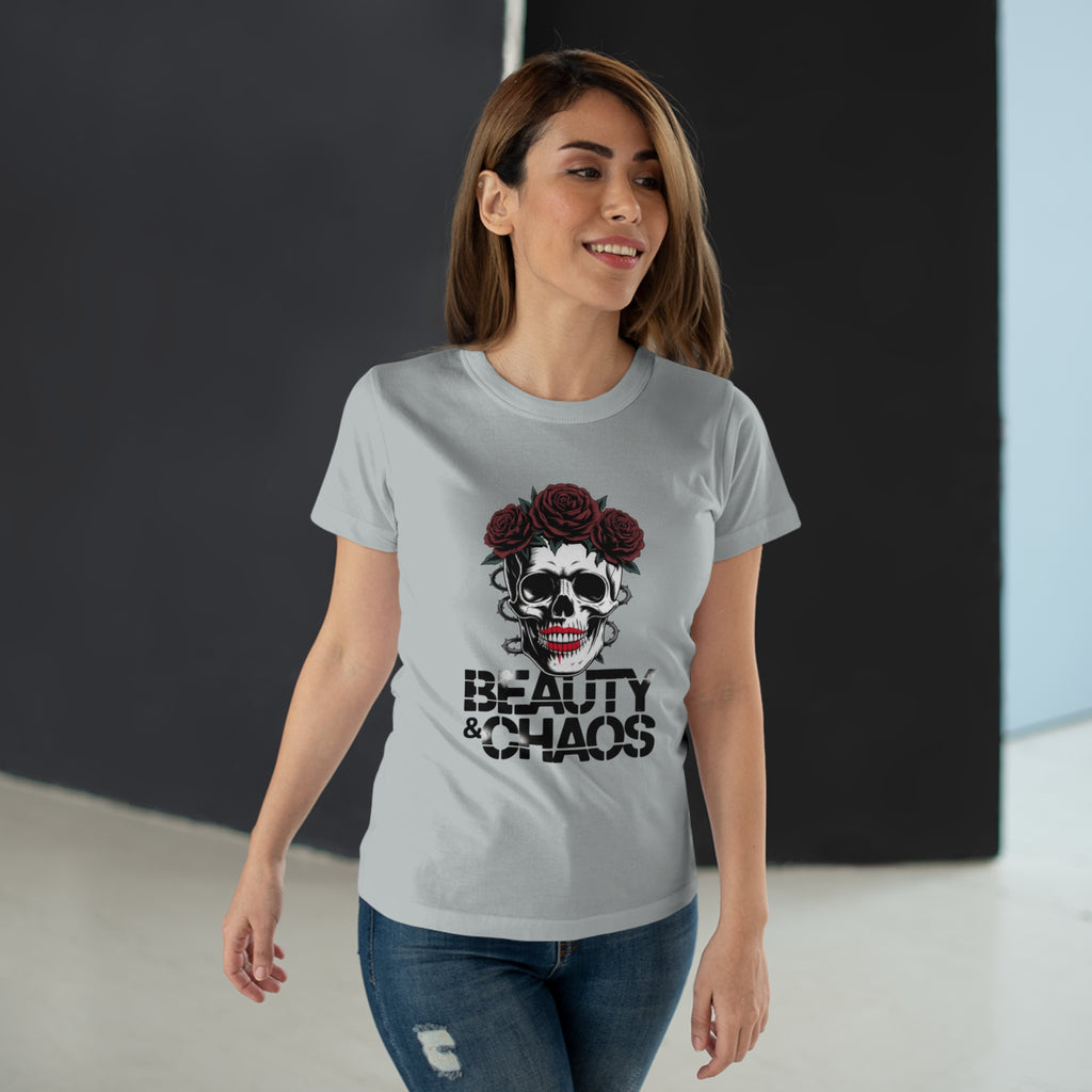 Beauty & Chaos Skull Tee — Floral Rose Skull Women’s T-Shirt