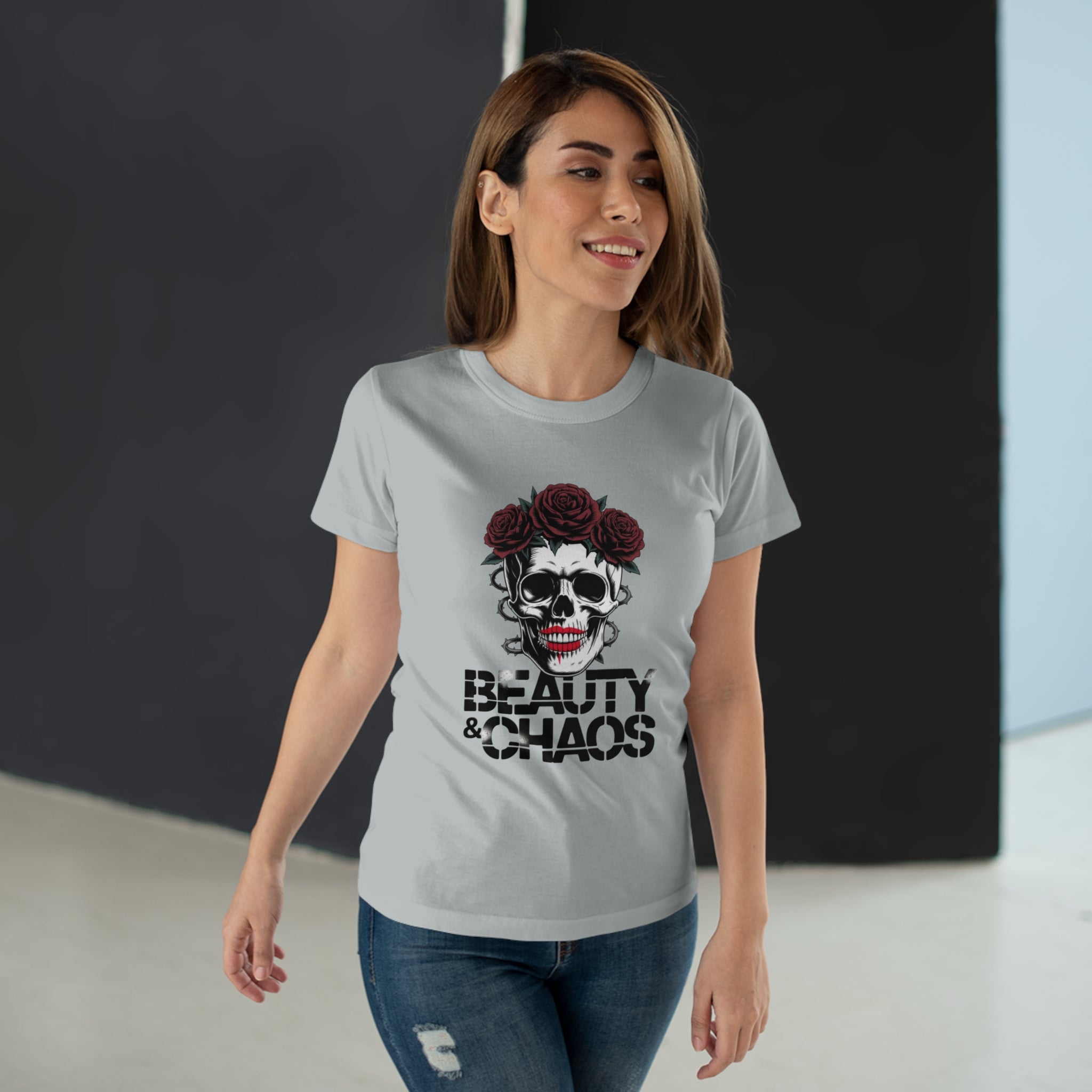 Beauty & Chaos Skull Tee — Floral Rose Skull Women’s T-Shirt