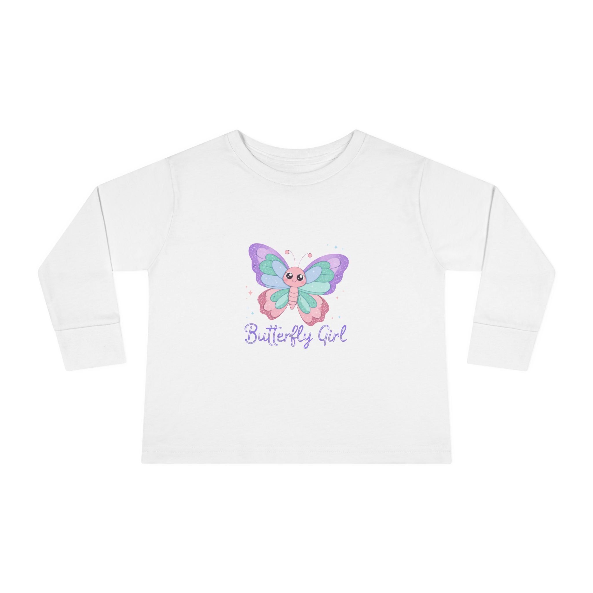 Butterfly Girl Toddler Long Sleeve Tee – Pastel Butterfly Graphic for Little Girls