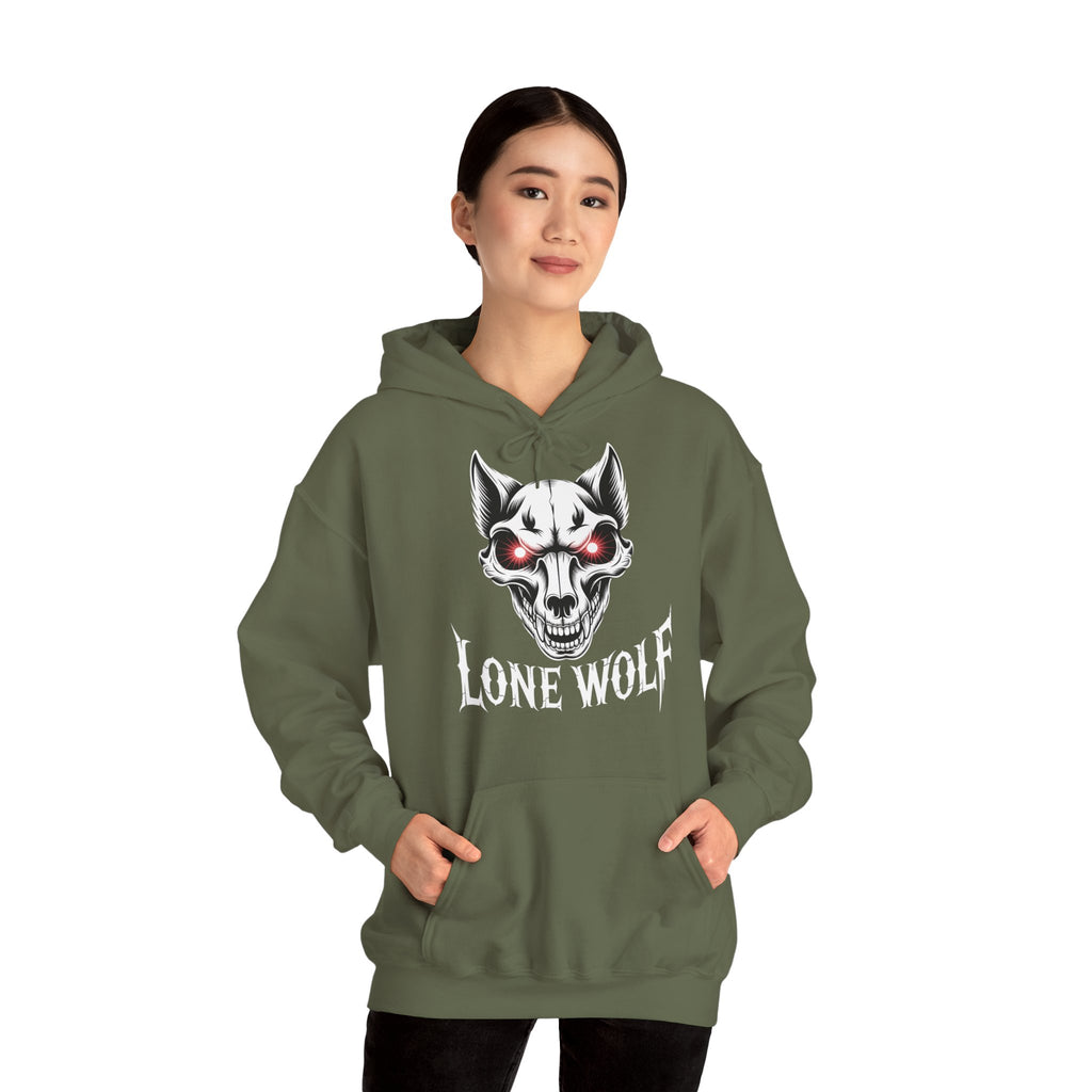 Lone Wolf Hooded Sweatshirt - Gothic Wolf Skull Hoodie with Red Eyes