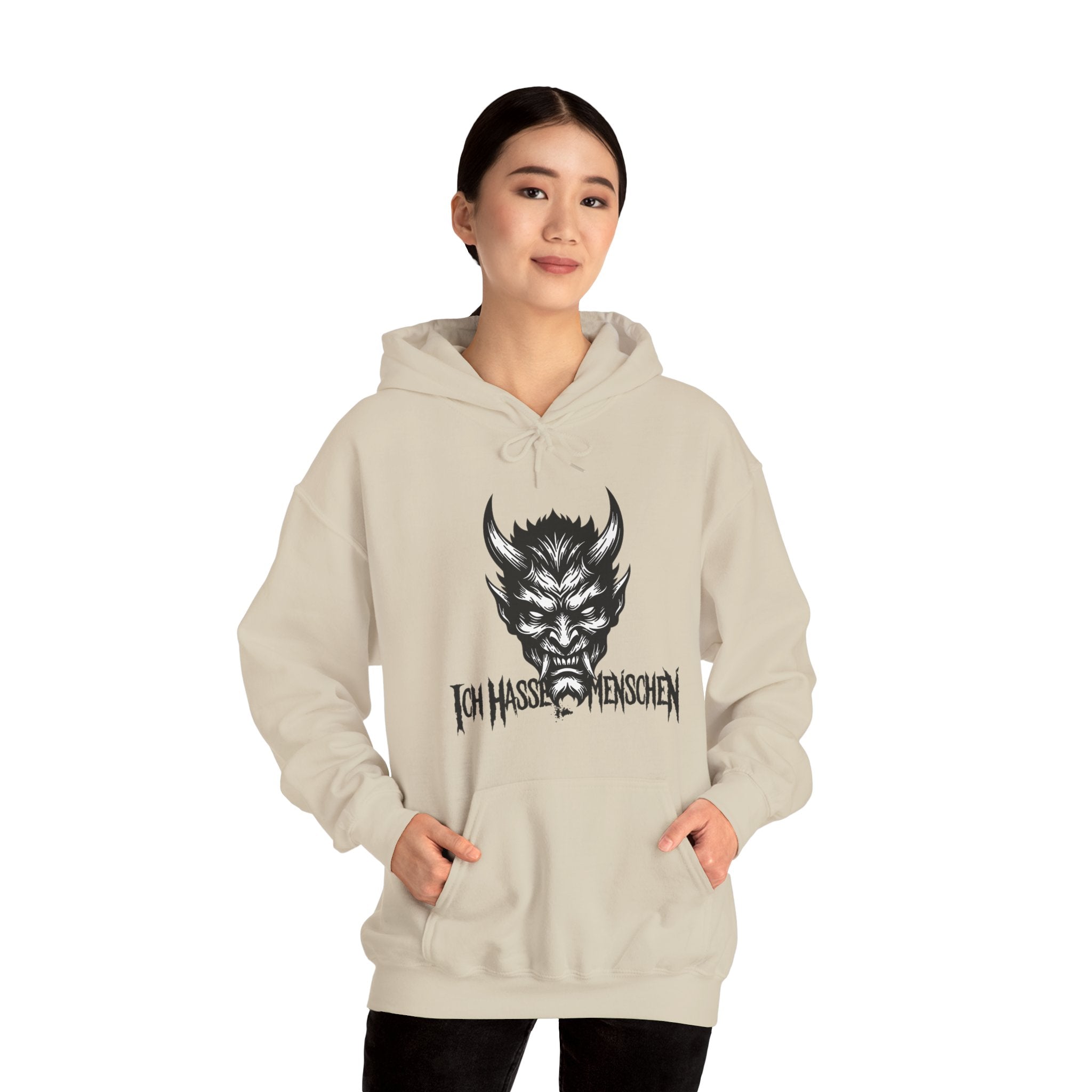 Devil Face Hoodie with 'Ich Hasse Menschen' Gothic Graphic