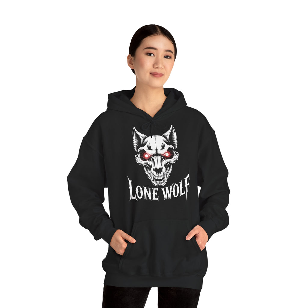 Lone Wolf Hooded Sweatshirt - Gothic Wolf Skull Hoodie with Red Eyes