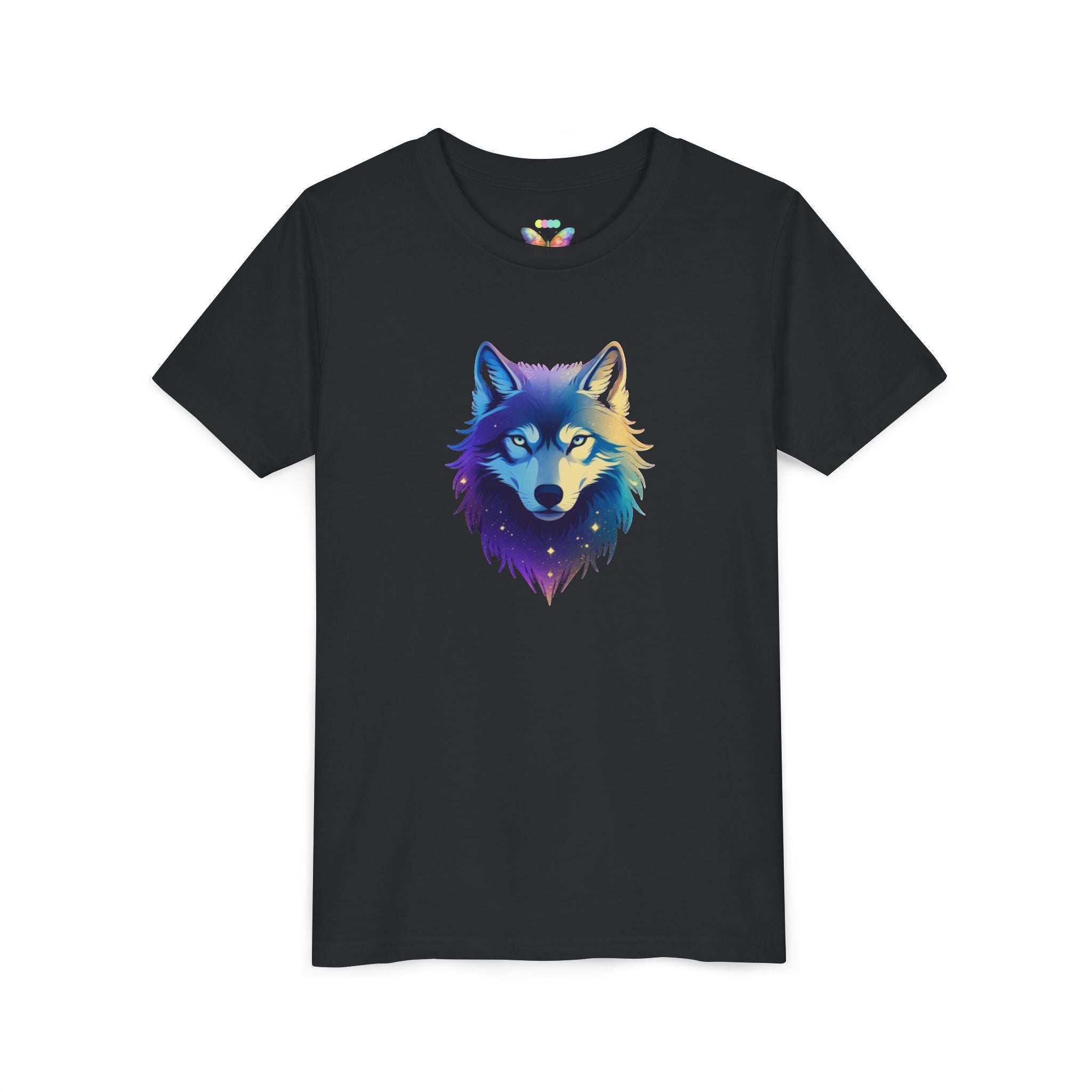 Youth Wolf Graphic Tee — Colorful Cosmic Wolf Head Shirt