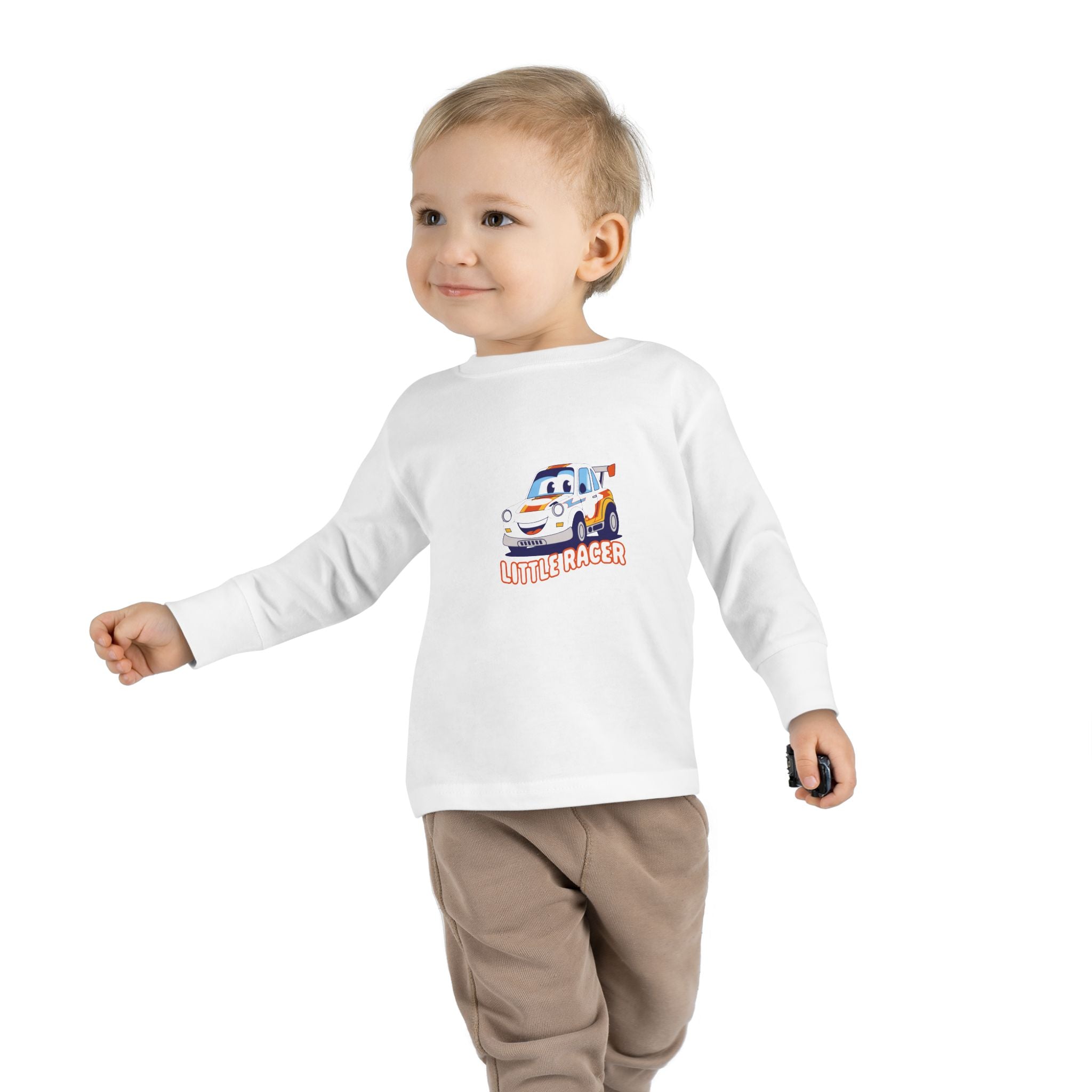 Toddler Long Sleeve Tee - Cute Cartoon Race Car “Lil’ Racer” Kids Shirt