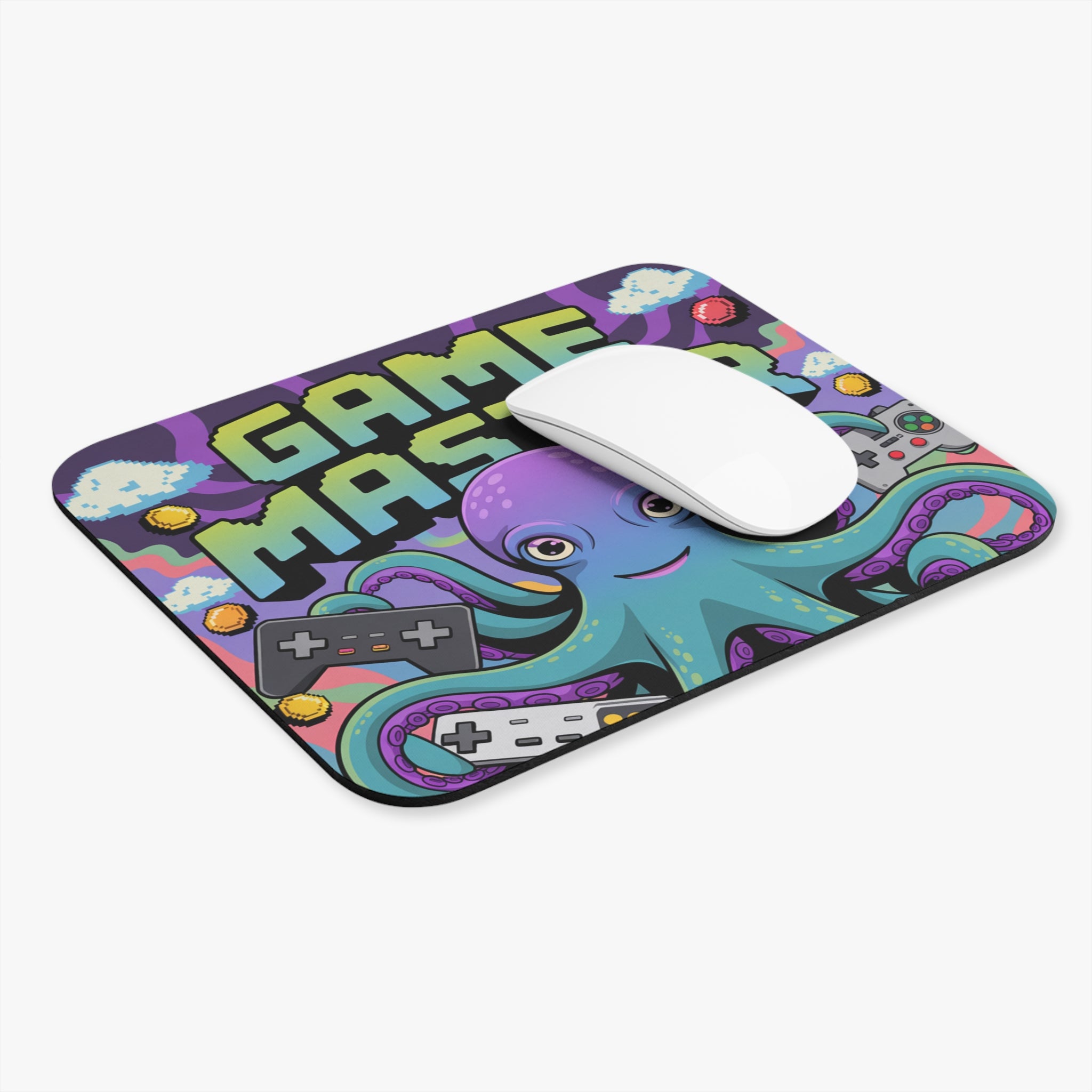 Game Master Octopus Mouse Pad — Retro Gaming Desk Mat with Controllers & Pixel Art