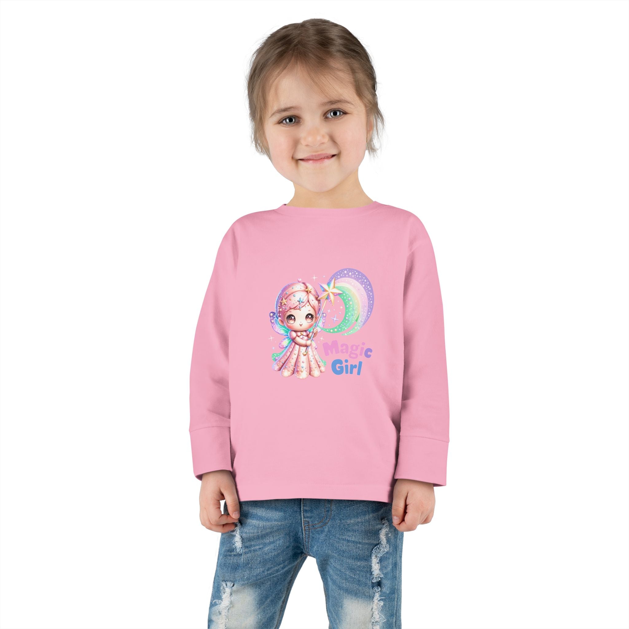 Magic Girl Toddler Long Sleeve Tee — Pastel Rainbow Unicorn Wand Design