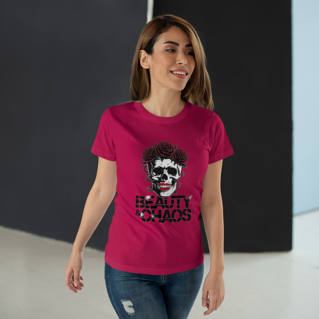 Beauty & Chaos Skull Tee — Floral Rose Skull Women’s T-Shirt