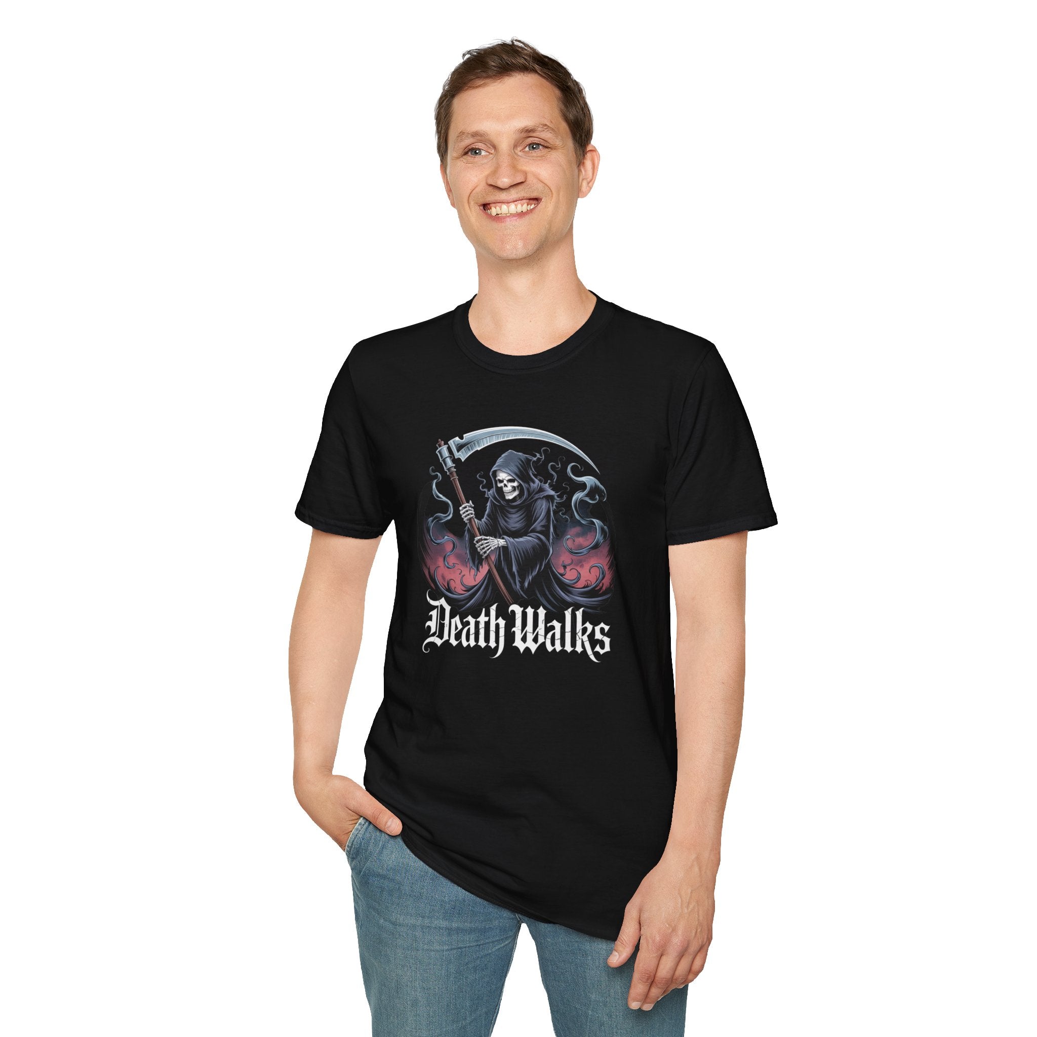 Death Walks Grim Reaper T-Shirt — Gothic Skull Scythe Graphic Tee