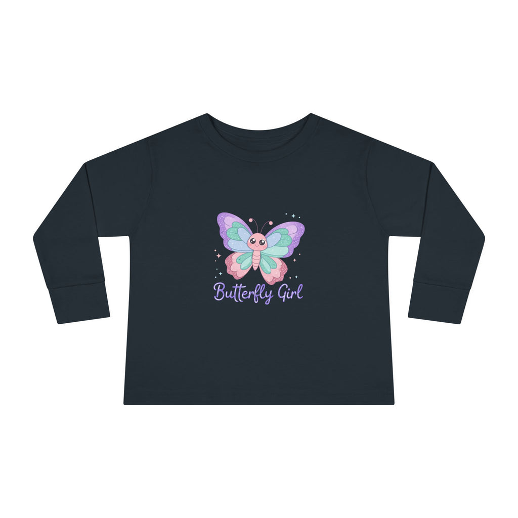 Butterfly Girl Toddler Long Sleeve Tee – Pastel Butterfly Graphic for Little Girls