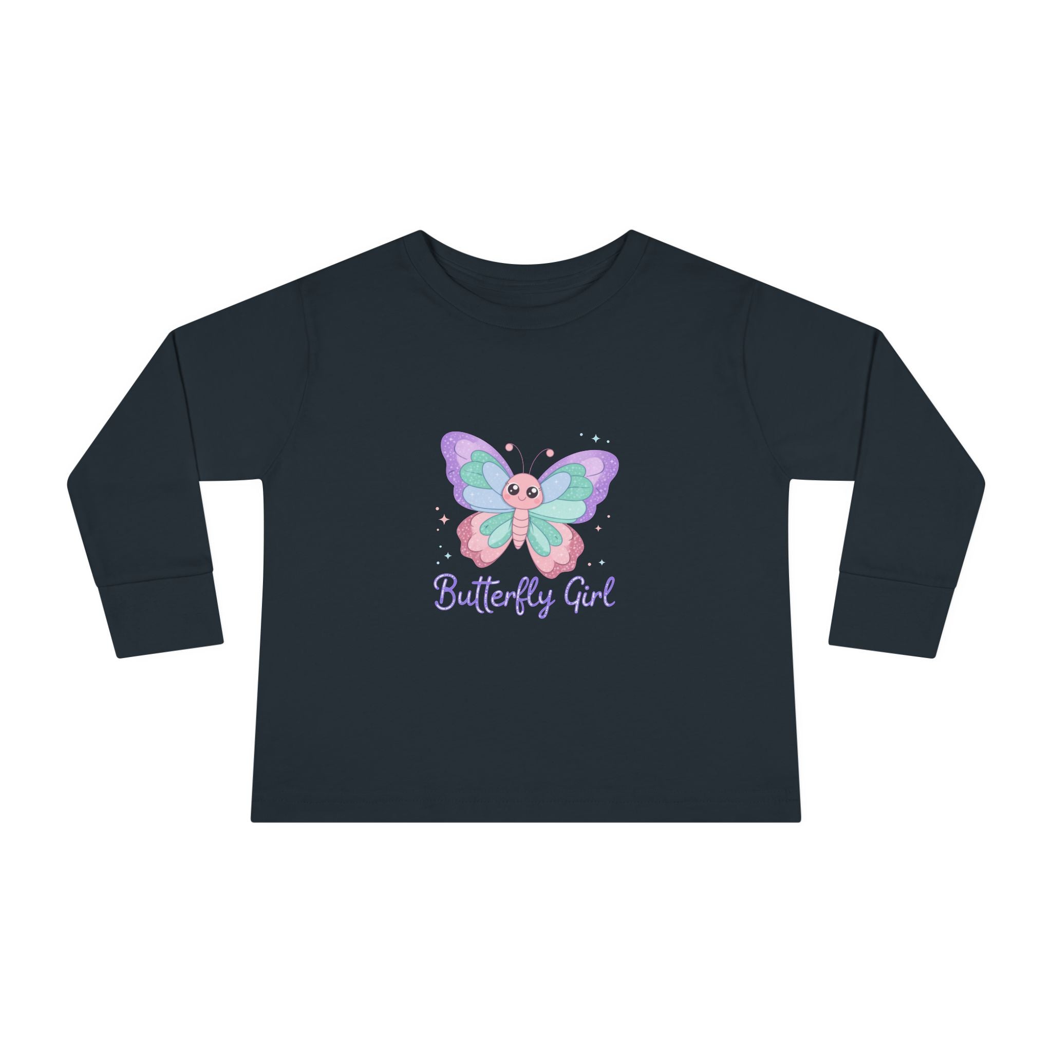 Butterfly Girl Toddler Long Sleeve Tee – Pastel Butterfly Graphic for Little Girls