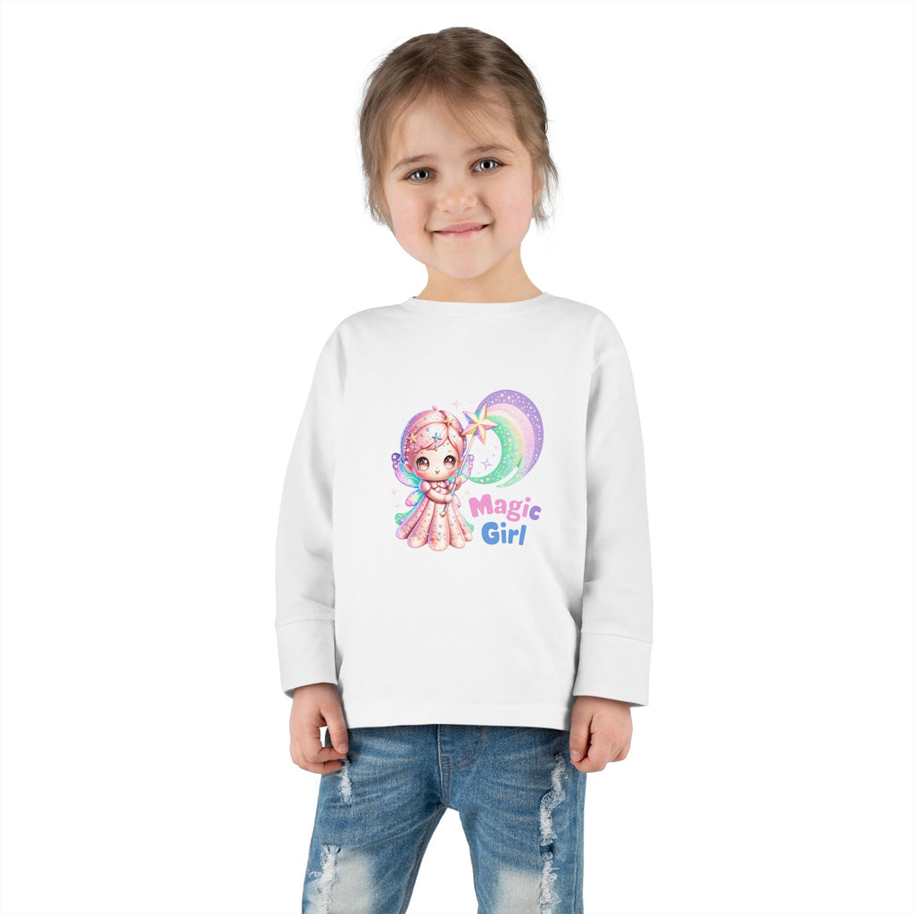 Magic Girl Toddler Long Sleeve Tee — Pastel Rainbow Unicorn Wand Design
