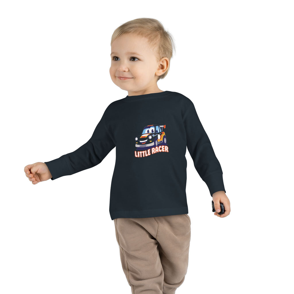Toddler Long Sleeve Tee - Cute Cartoon Race Car “Lil’ Racer” Kids Shirt