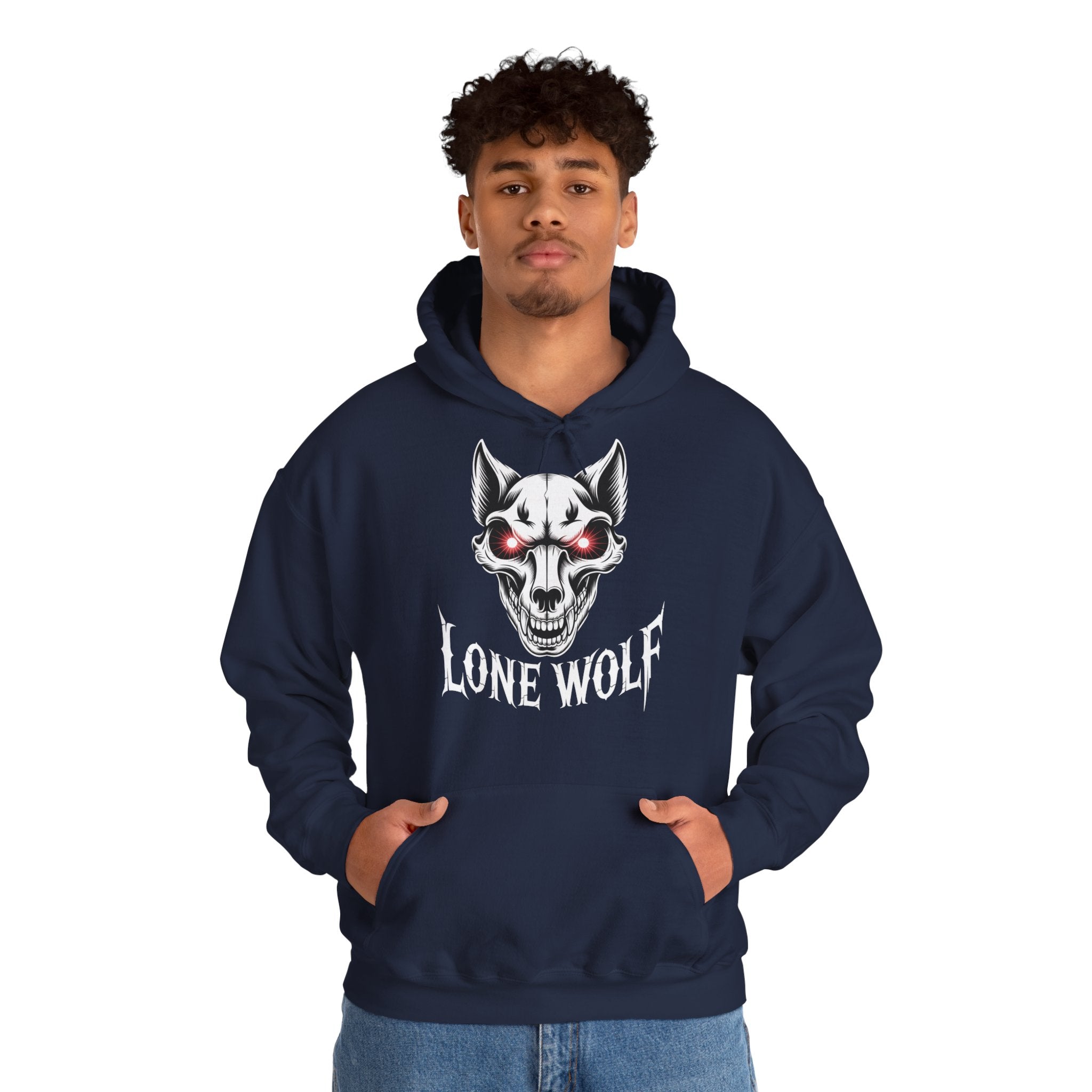 Lone Wolf Hooded Sweatshirt - Gothic Wolf Skull Hoodie with Red Eyes
