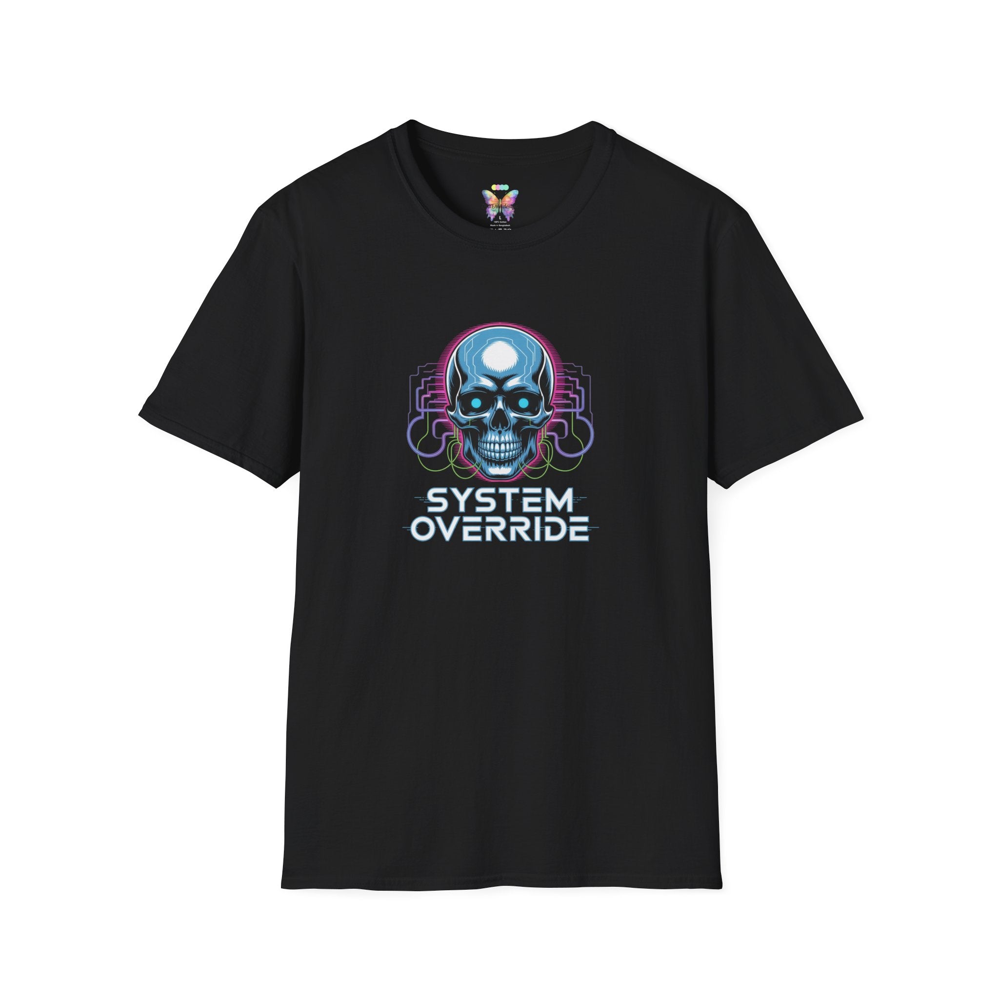 System Override Skull T-Shirt — Cyberpunk Neon Skull Graphic Tee