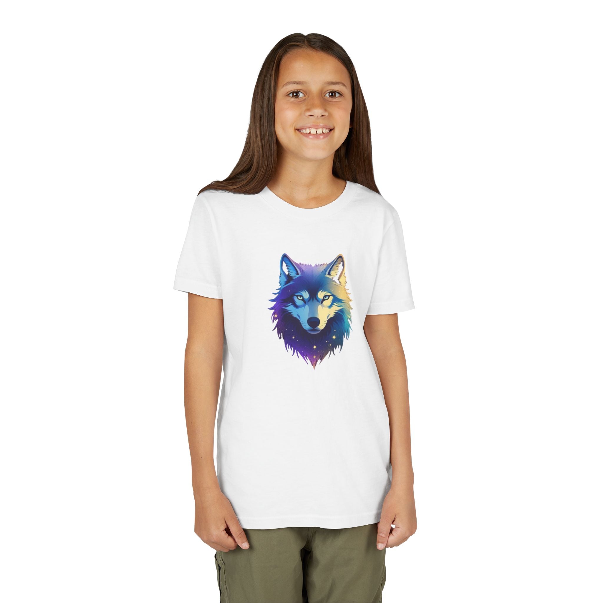 Youth Wolf Graphic Tee — Colorful Cosmic Wolf Head Shirt