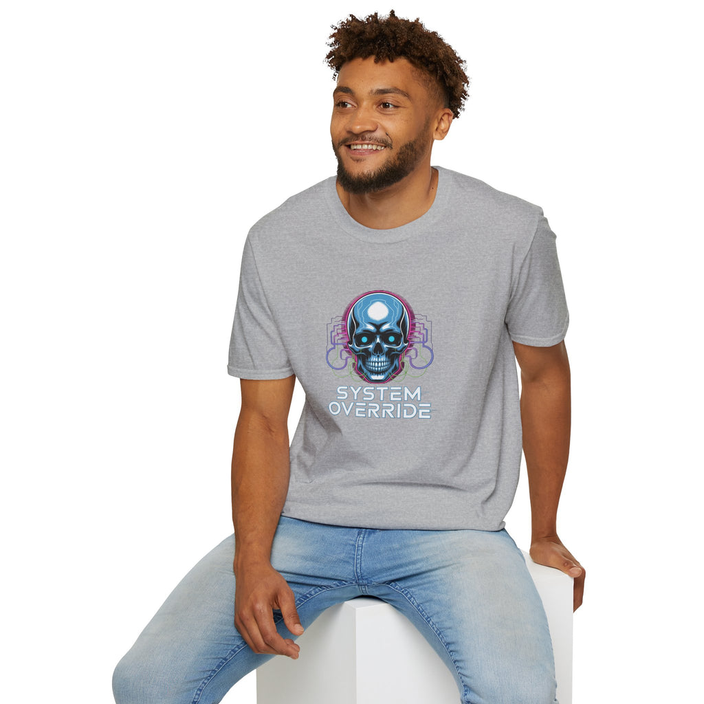 System Override Skull T-Shirt — Cyberpunk Neon Skull Graphic Tee