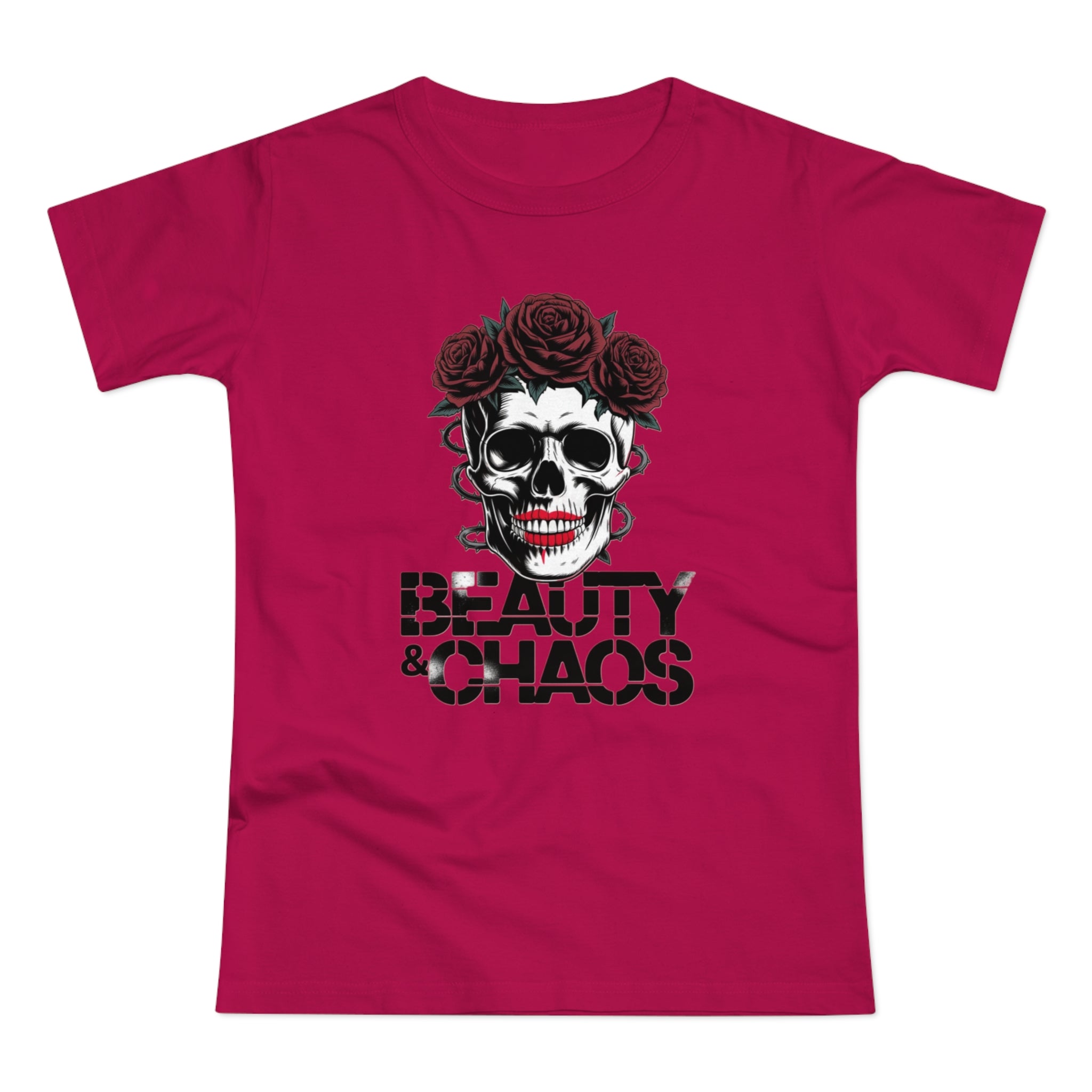 Beauty & Chaos Skull Tee — Floral Rose Skull Women’s T-Shirt
