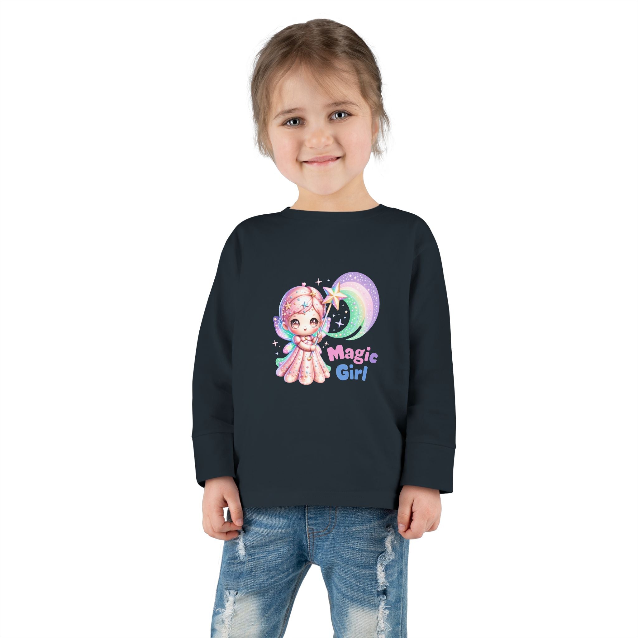 Magic Girl Toddler Long Sleeve Tee — Pastel Rainbow Unicorn Wand Design