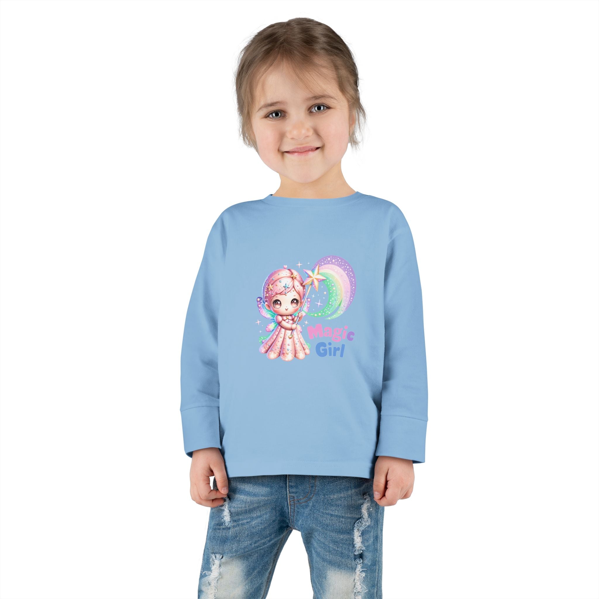 Magic Girl Toddler Long Sleeve Tee — Pastel Rainbow Unicorn Wand Design