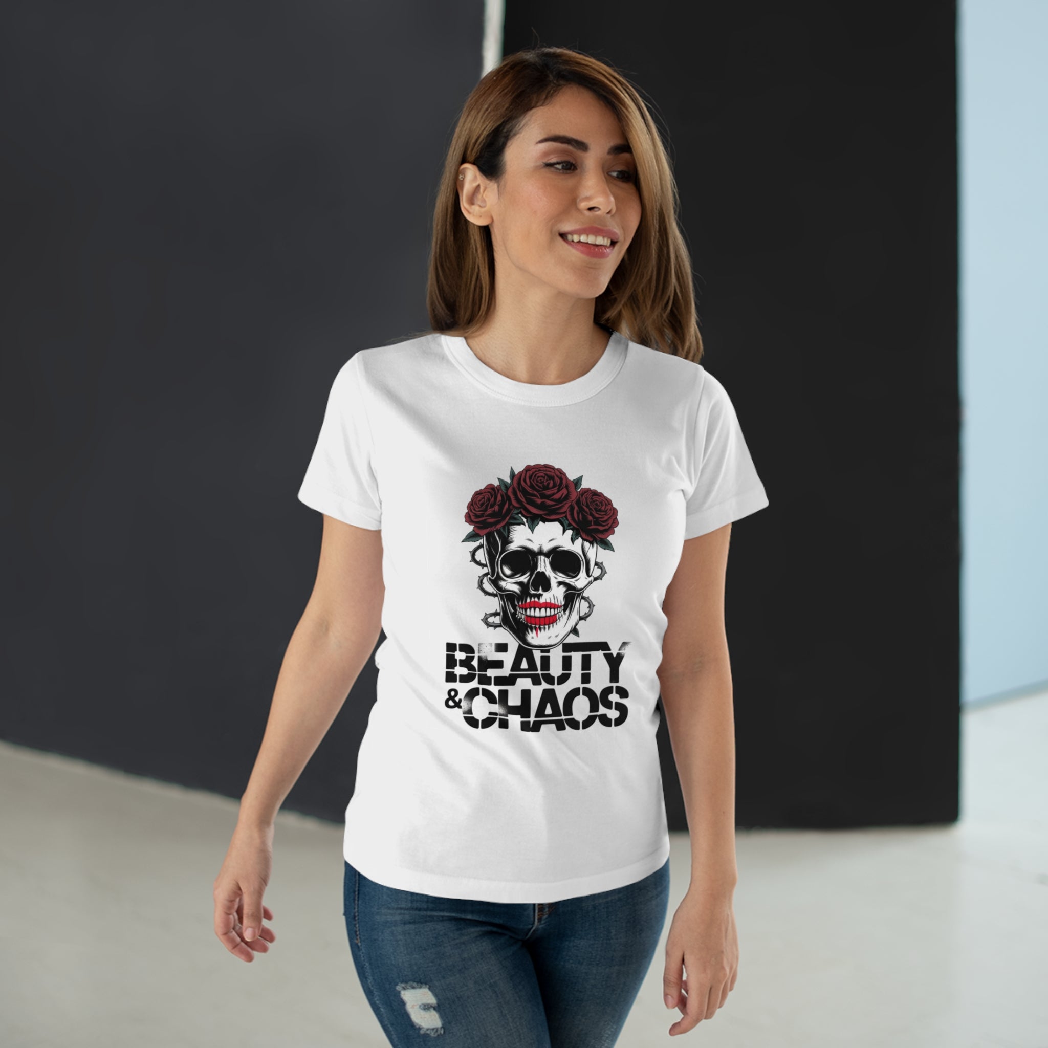 Beauty & Chaos Skull Tee — Floral Rose Skull Women’s T-Shirt