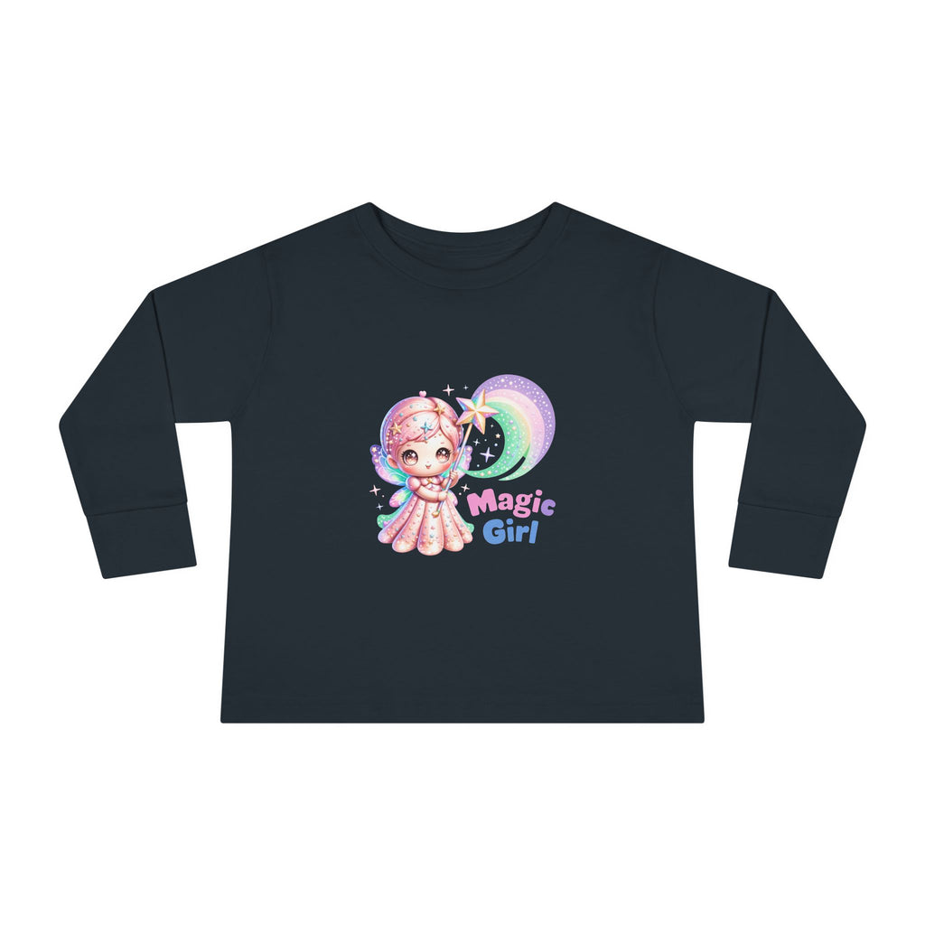 Magic Girl Toddler Long Sleeve Tee — Pastel Rainbow Unicorn Wand Design
