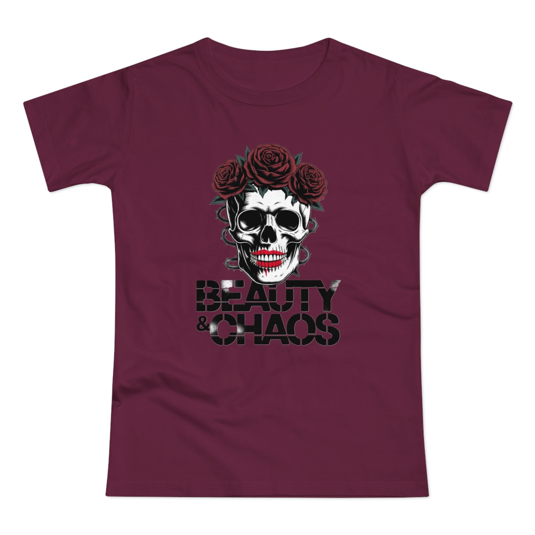 Beauty & Chaos Skull Tee — Floral Rose Skull Women’s T-Shirt
