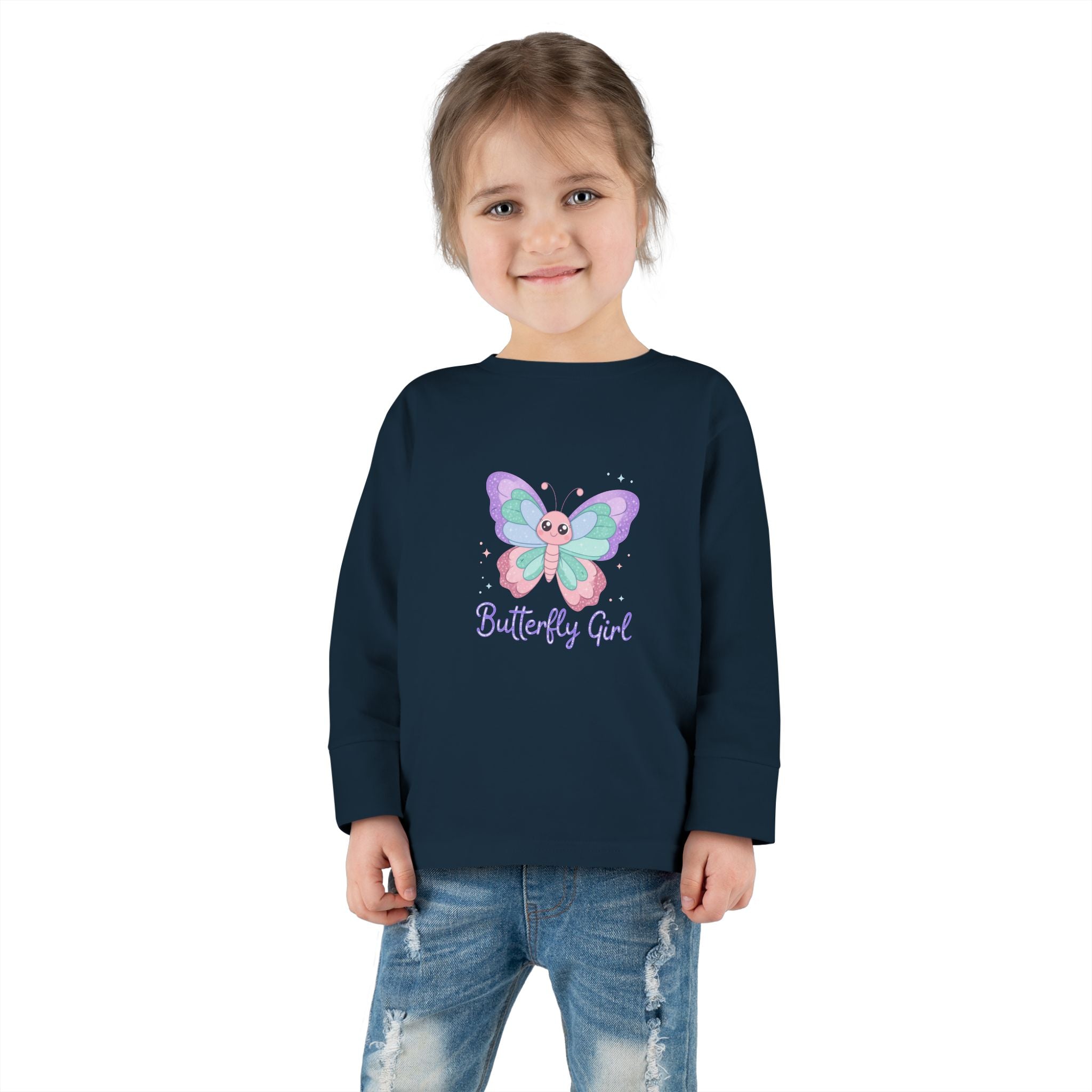 Butterfly Girl Toddler Long Sleeve Tee – Pastel Butterfly Graphic for Little Girls