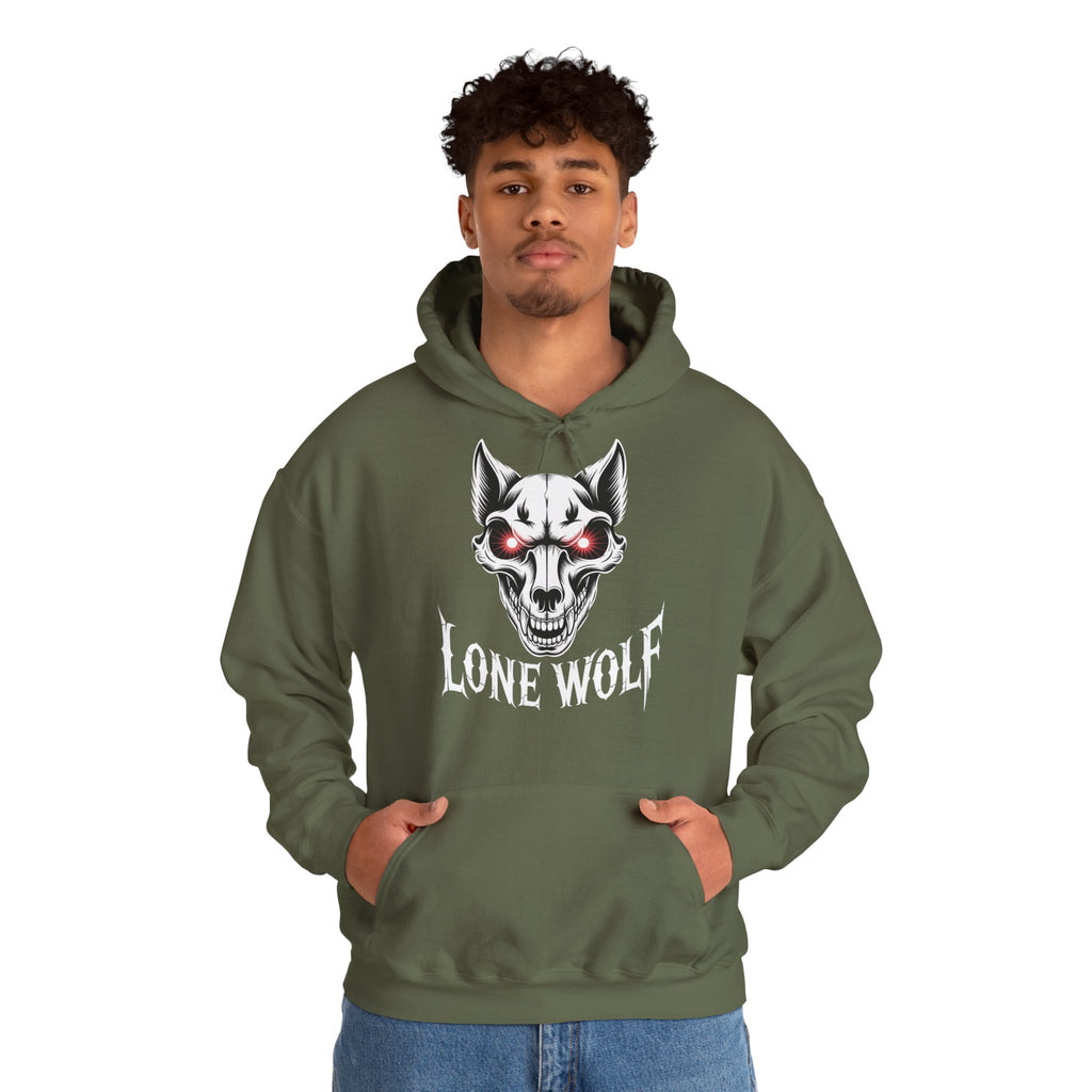 Lone Wolf Hooded Sweatshirt - Gothic Wolf Skull Hoodie with Red Eyes