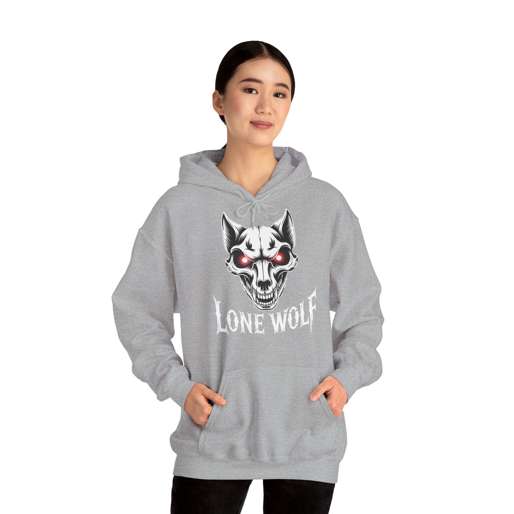 Lone Wolf Hooded Sweatshirt - Gothic Wolf Skull Hoodie with Red Eyes