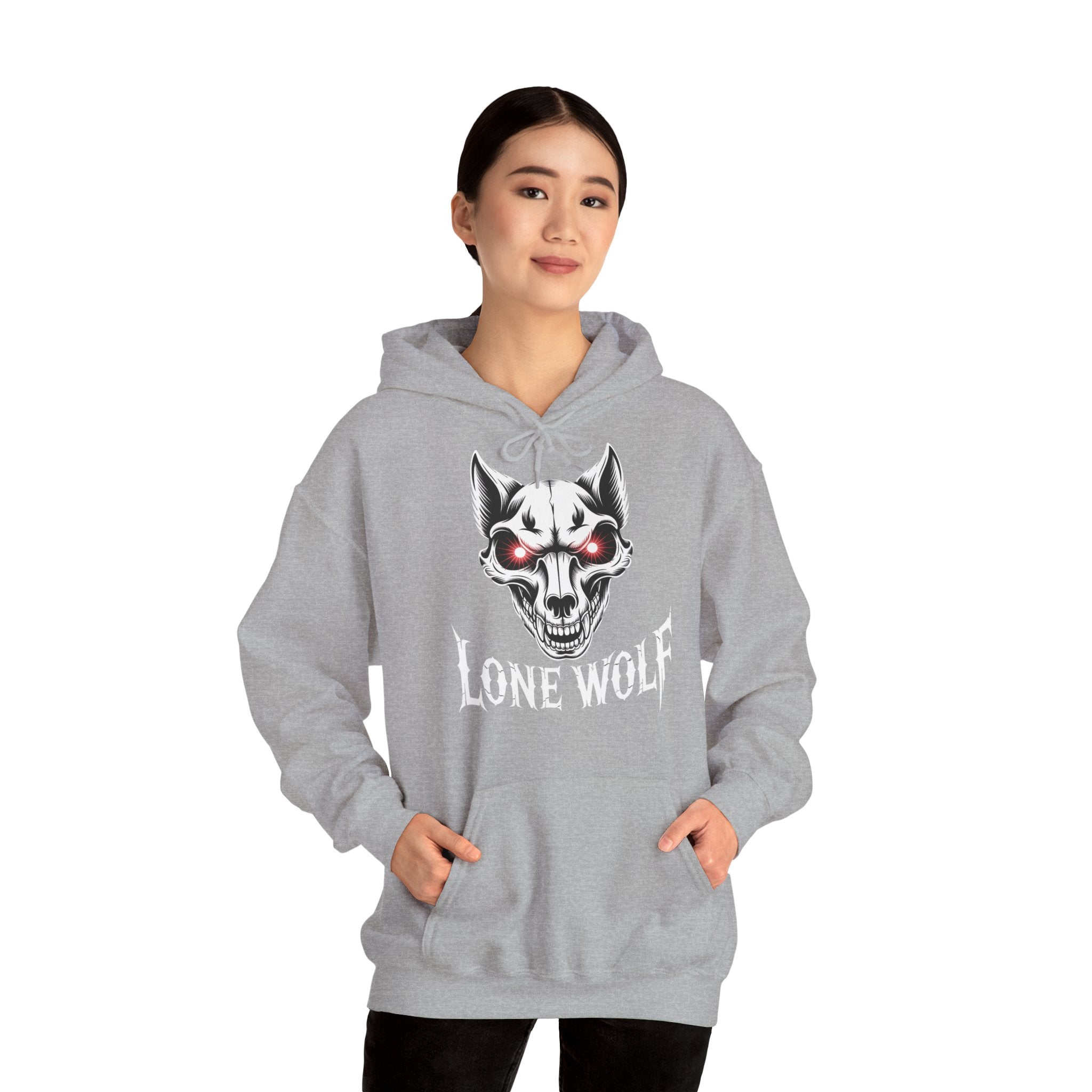 Lone Wolf Hooded Sweatshirt - Gothic Wolf Skull Hoodie with Red Eyes