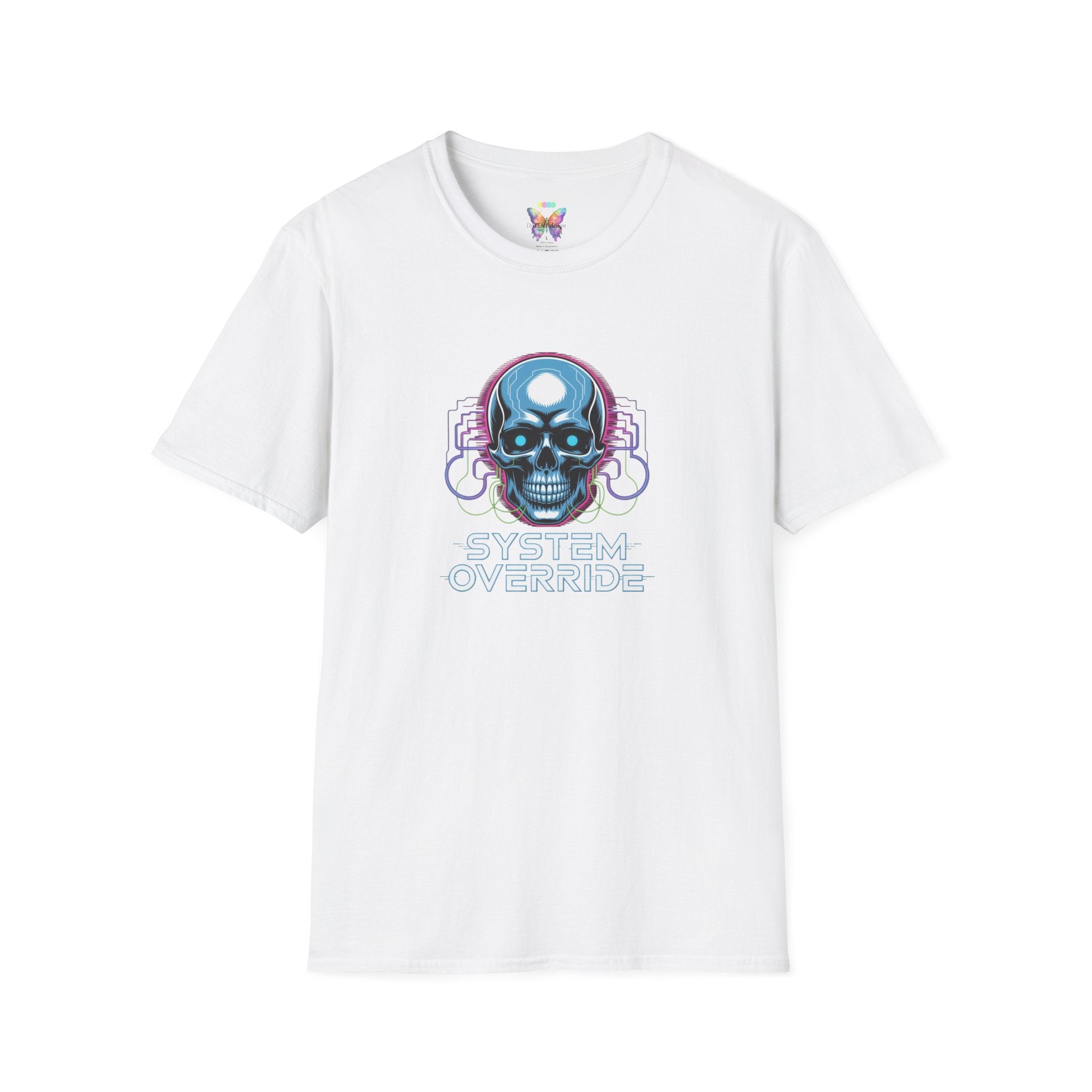 System Override Skull T-Shirt — Cyberpunk Neon Skull Graphic Tee