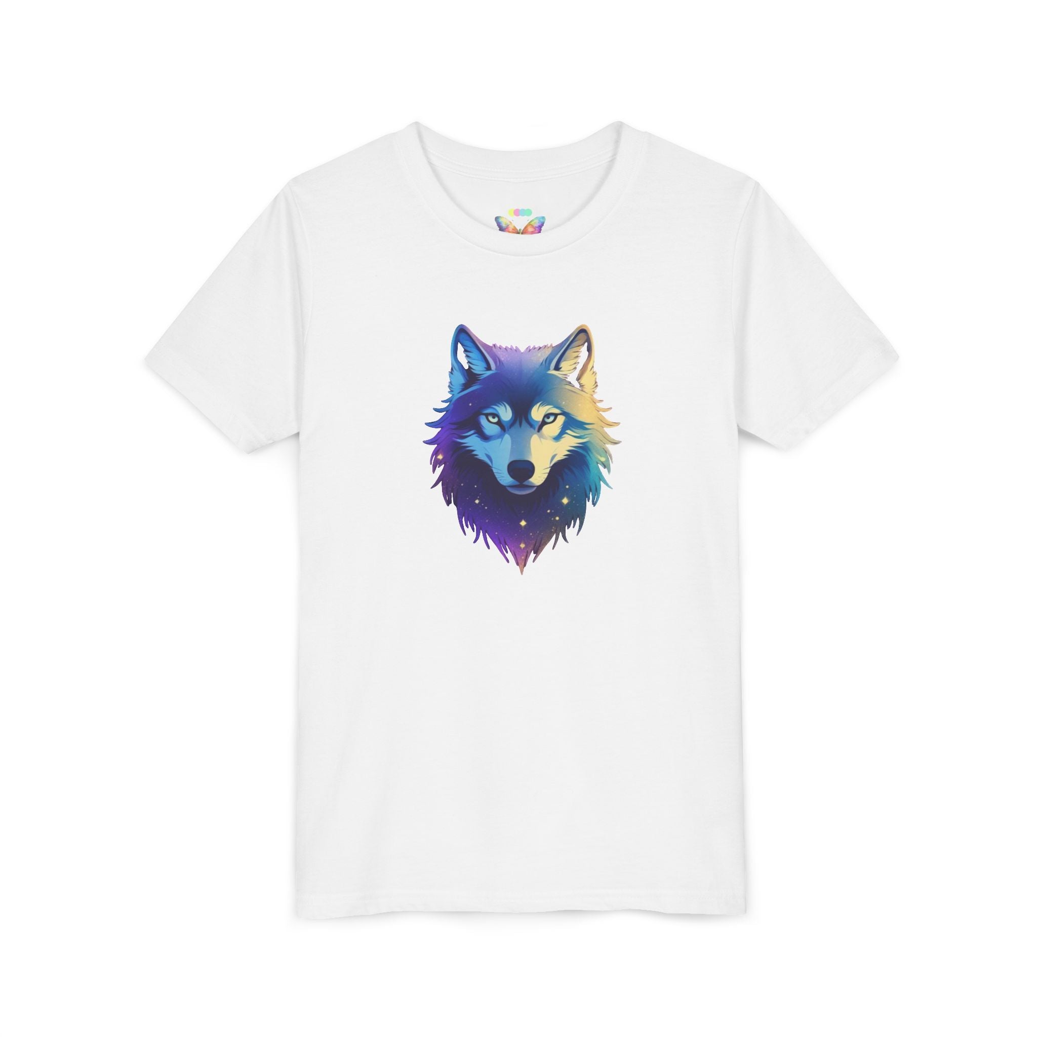 Youth Wolf Graphic Tee — Colorful Cosmic Wolf Head Shirt