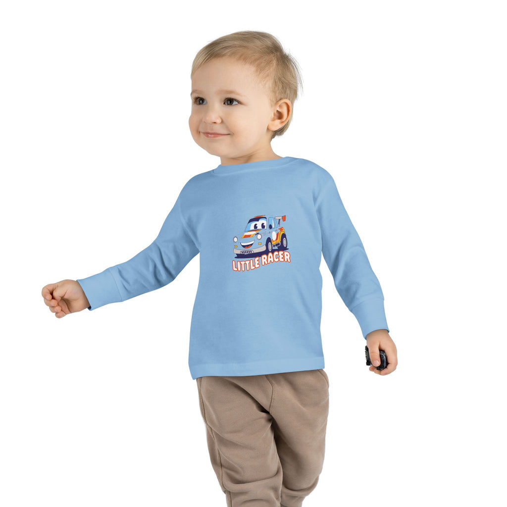 Toddler Long Sleeve Tee - Cute Cartoon Race Car “Lil’ Racer” Kids Shirt