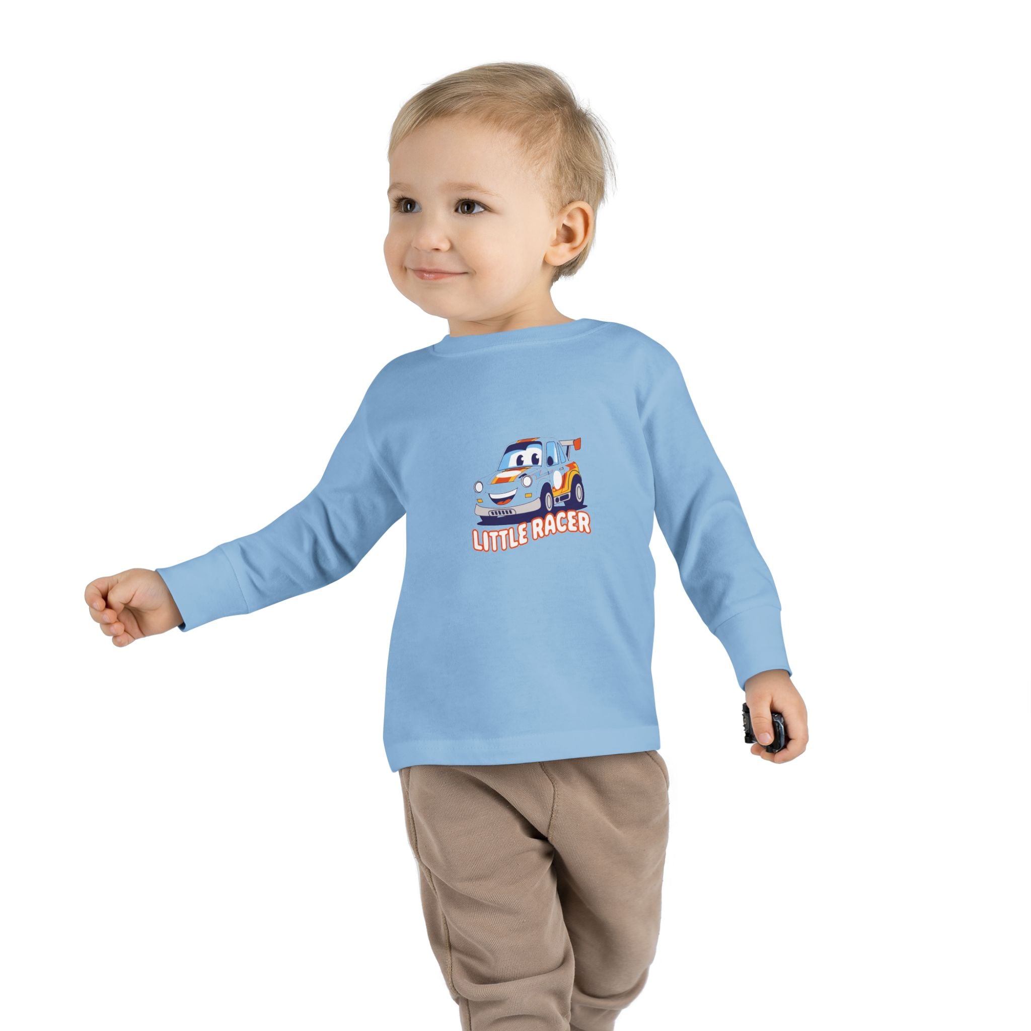Toddler Long Sleeve Tee - Cute Cartoon Race Car “Lil’ Racer” Kids Shirt